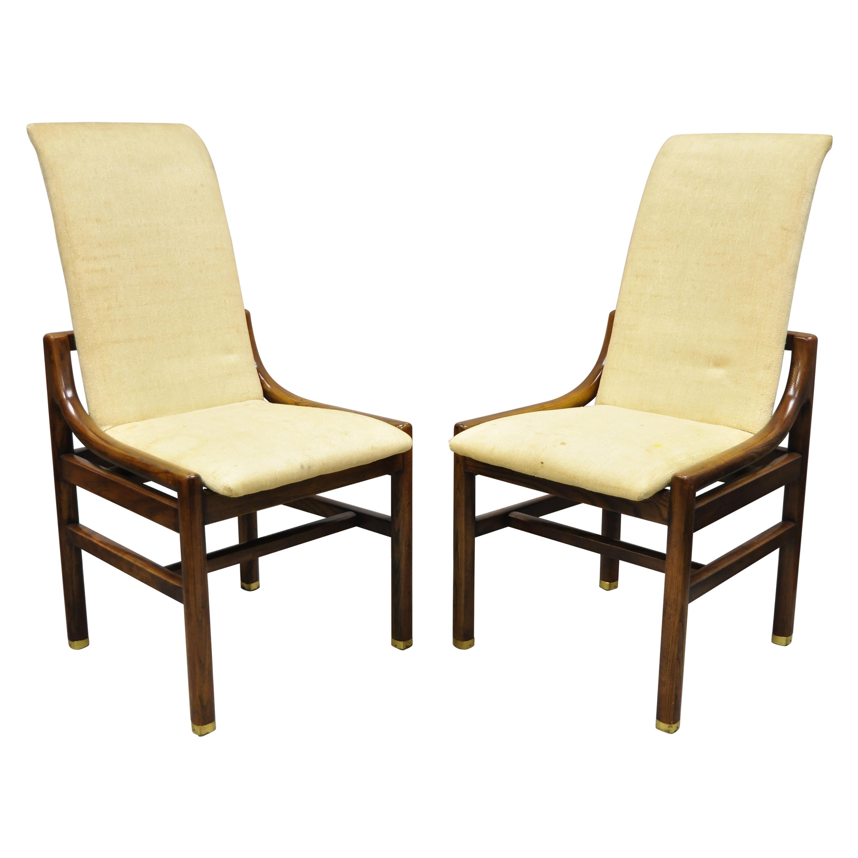 Henredon Mid-Century Modern Oak Wood and Brass Modern Dining Side Chairs, a Pair