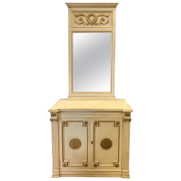 Henredon Mid-Century Modern Two-Piece Cabinet and Mirror with Gild Medallions For Sale