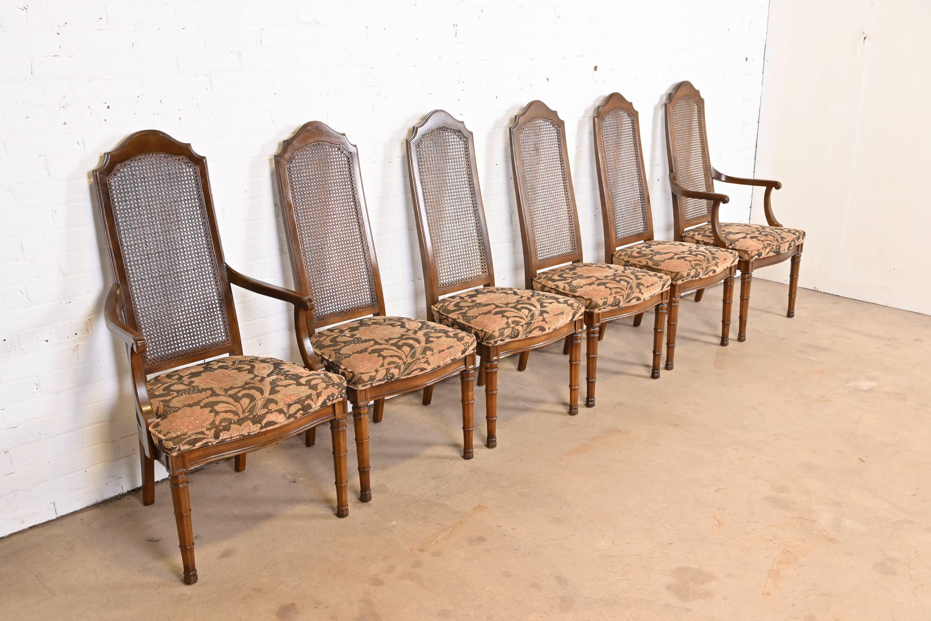 American Henredon Mid-Century Modern Walnut and Cane High Back Dining Chairs, Set of Six For Sale