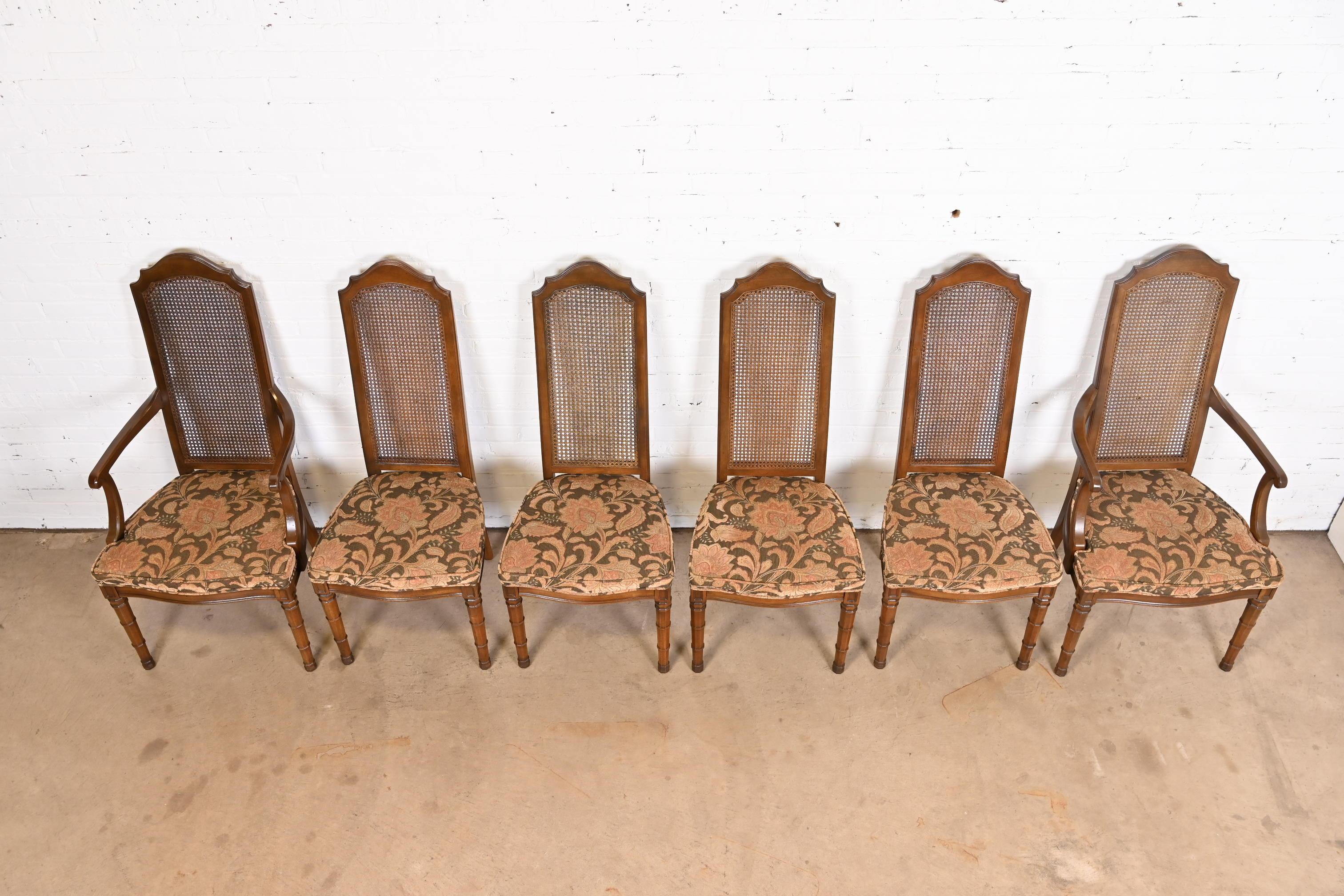 Late 20th Century Henredon Mid-Century Modern Walnut and Cane High Back Dining Chairs, Set of Six For Sale