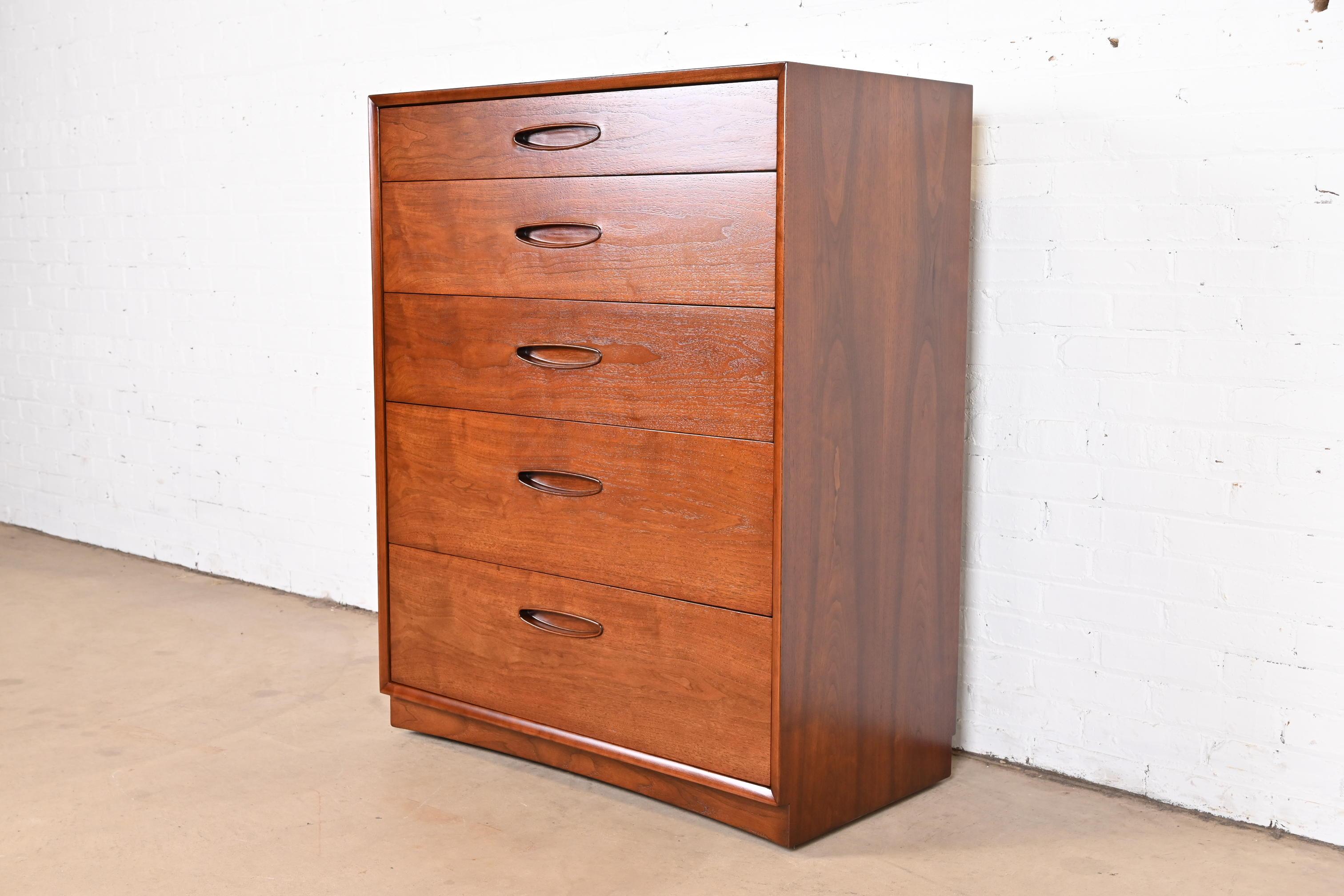 Mid-20th Century Henredon Mid-Century Modern Walnut Highboy Dresser, Newly Refinished