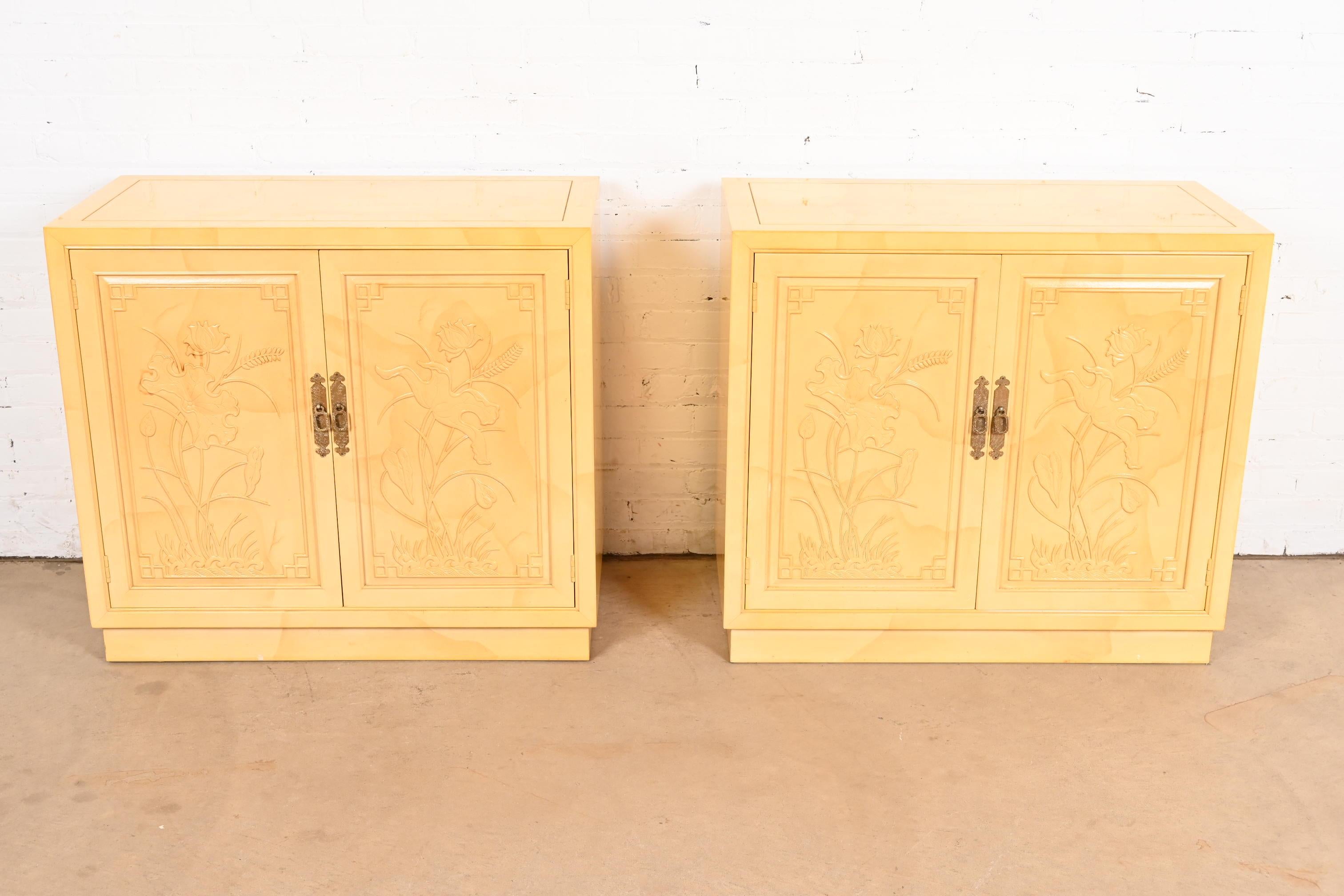 Mid-Century Modern Henredon Mid-Century Regency Chinoiserie Lacquered Faux Goatskin Cabinets, 1970s