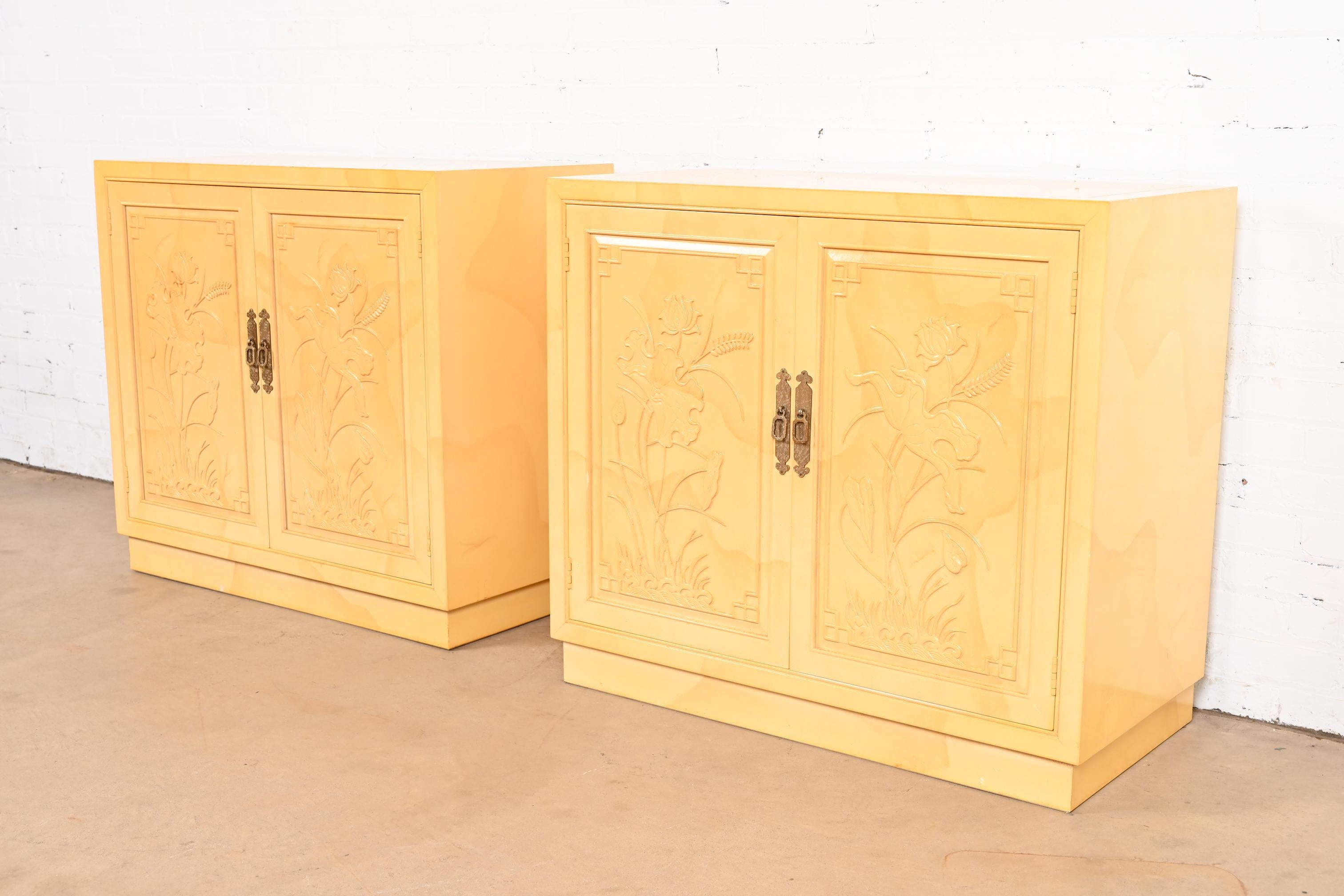 American Henredon Mid-Century Regency Chinoiserie Lacquered Faux Goatskin Cabinets, 1970s