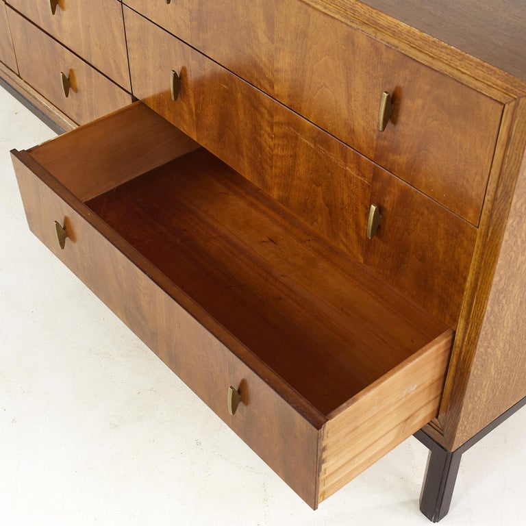 Henredon Mid Century Walnut and Brass 9 Drawer Lowboy Dresser at 1stDibs
