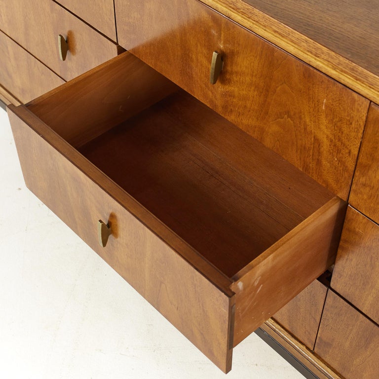 Henredon Mid Century Walnut and Brass 9 Drawer Lowboy Dresser at 1stDibs