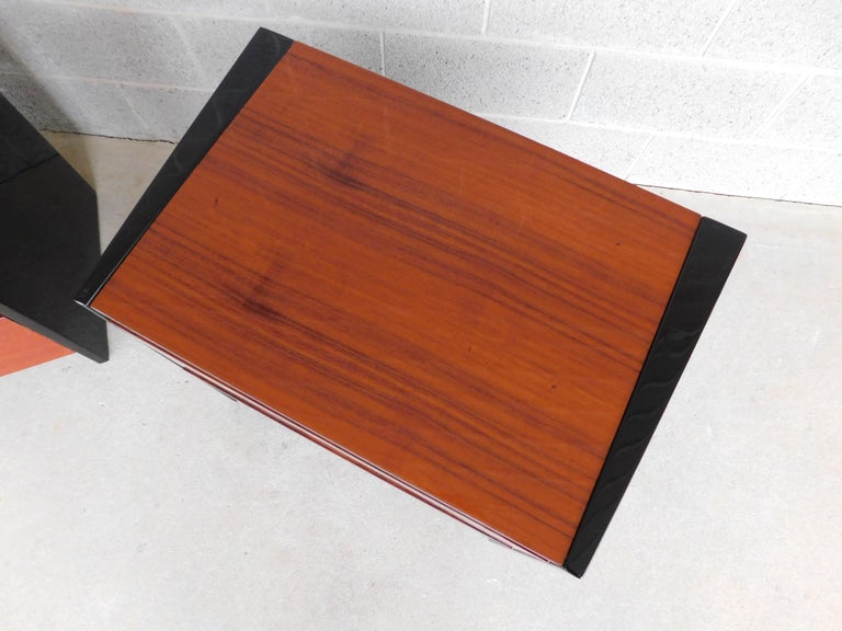 Henredon Modern Contemporary Black Lacquer Exotic Wood Nightstands, a