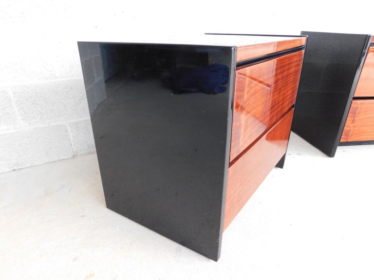 Henredon Modern Contemporary Black Lacquer Exotic Wood Nightstands, a