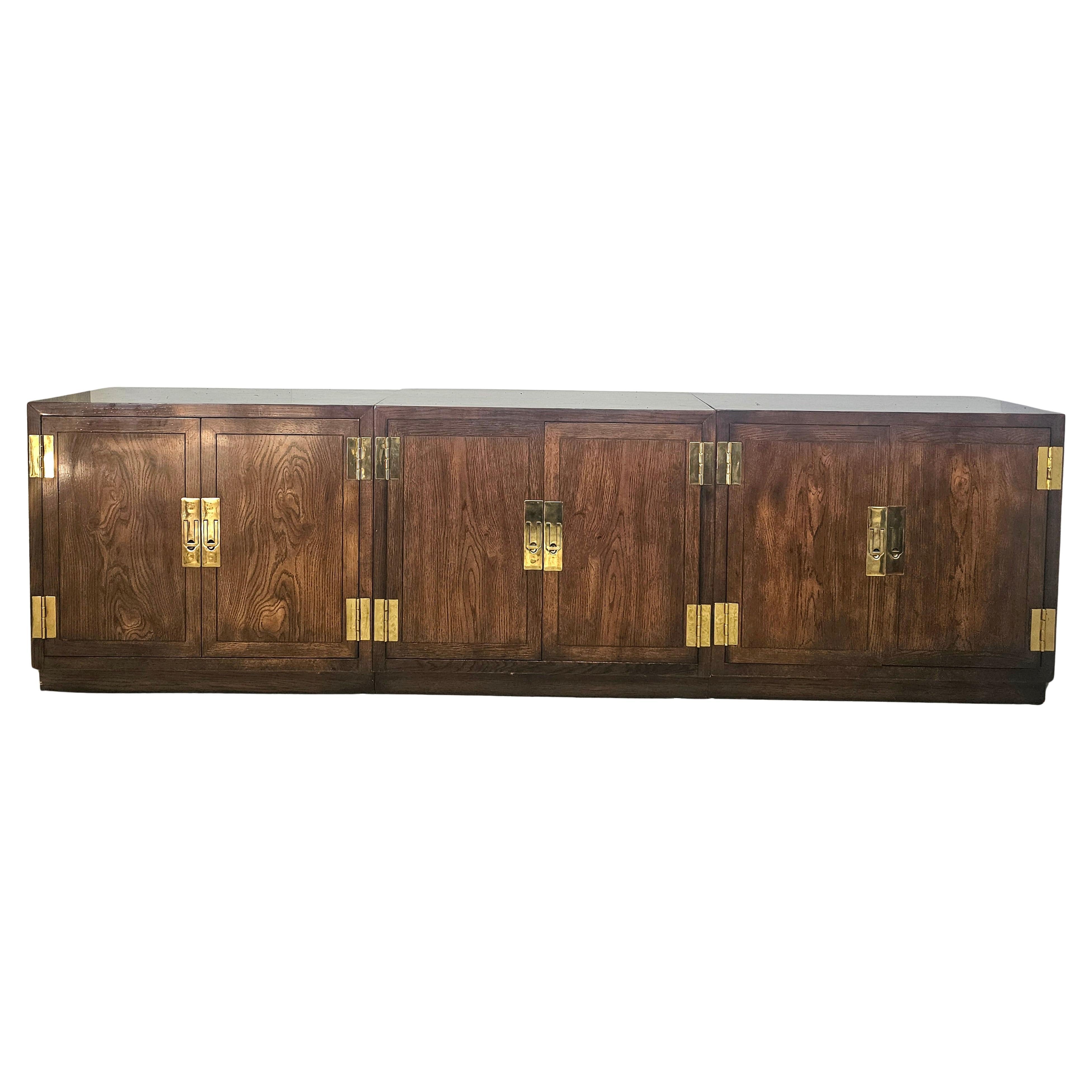 American Henredon Modernist Three-Part Campaign Oak and Brass Buffet / Credenza For Sale