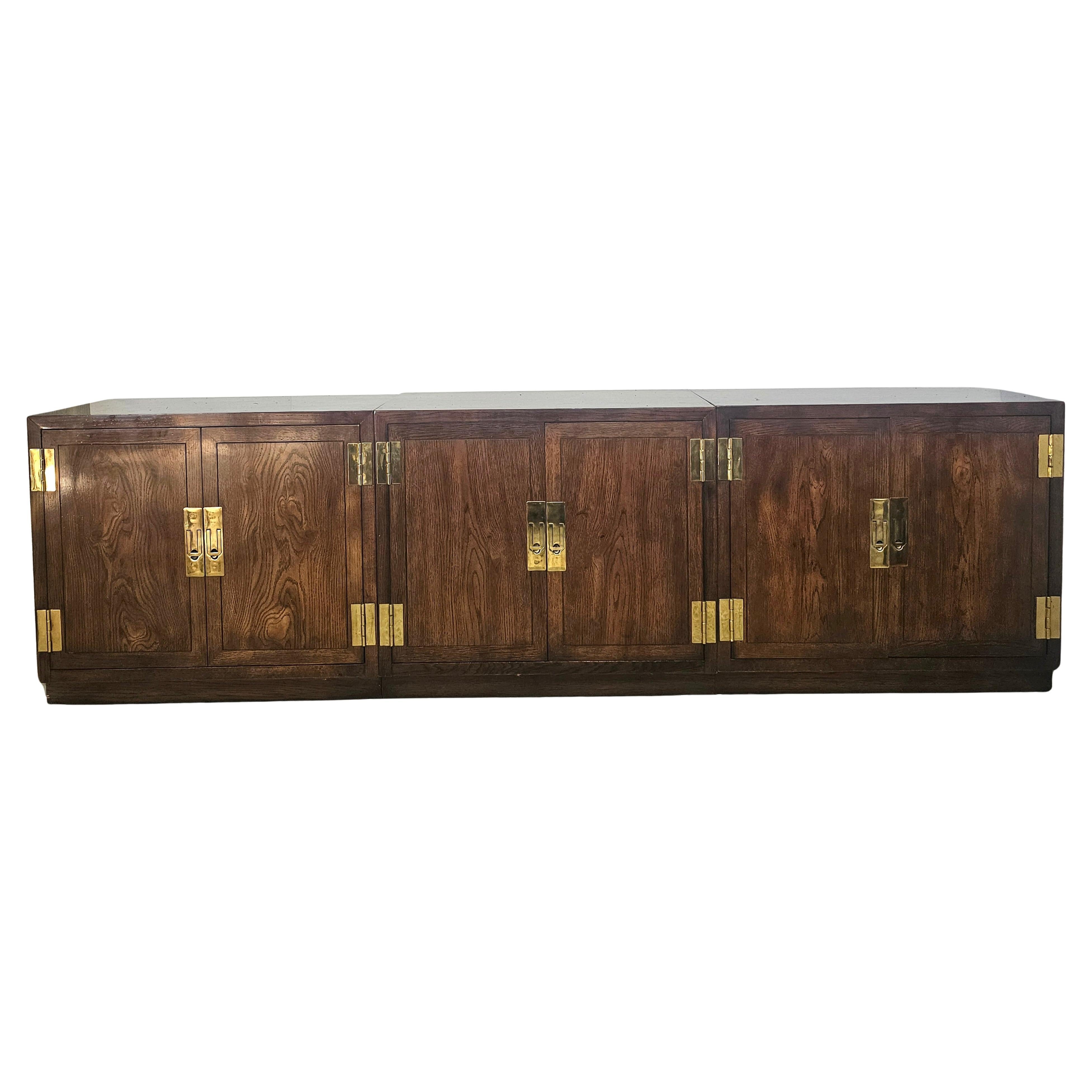Stained Henredon Modernist Three-Part Campaign Oak and Brass Buffet / Credenza For Sale