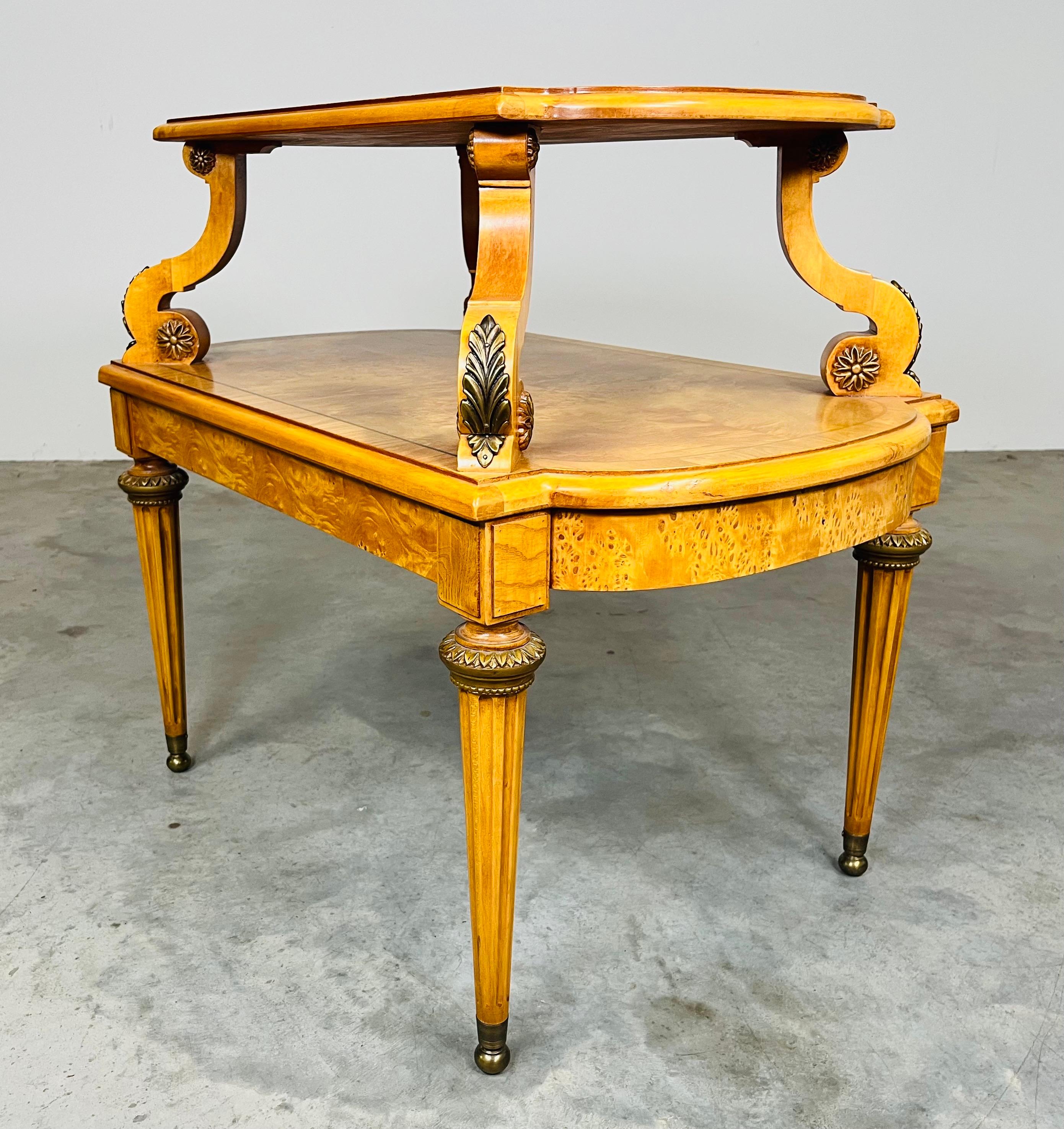 Hand-Carved Henredon Neoclassical French Empire Olive Ashwood Burled 2-Tier Side Table