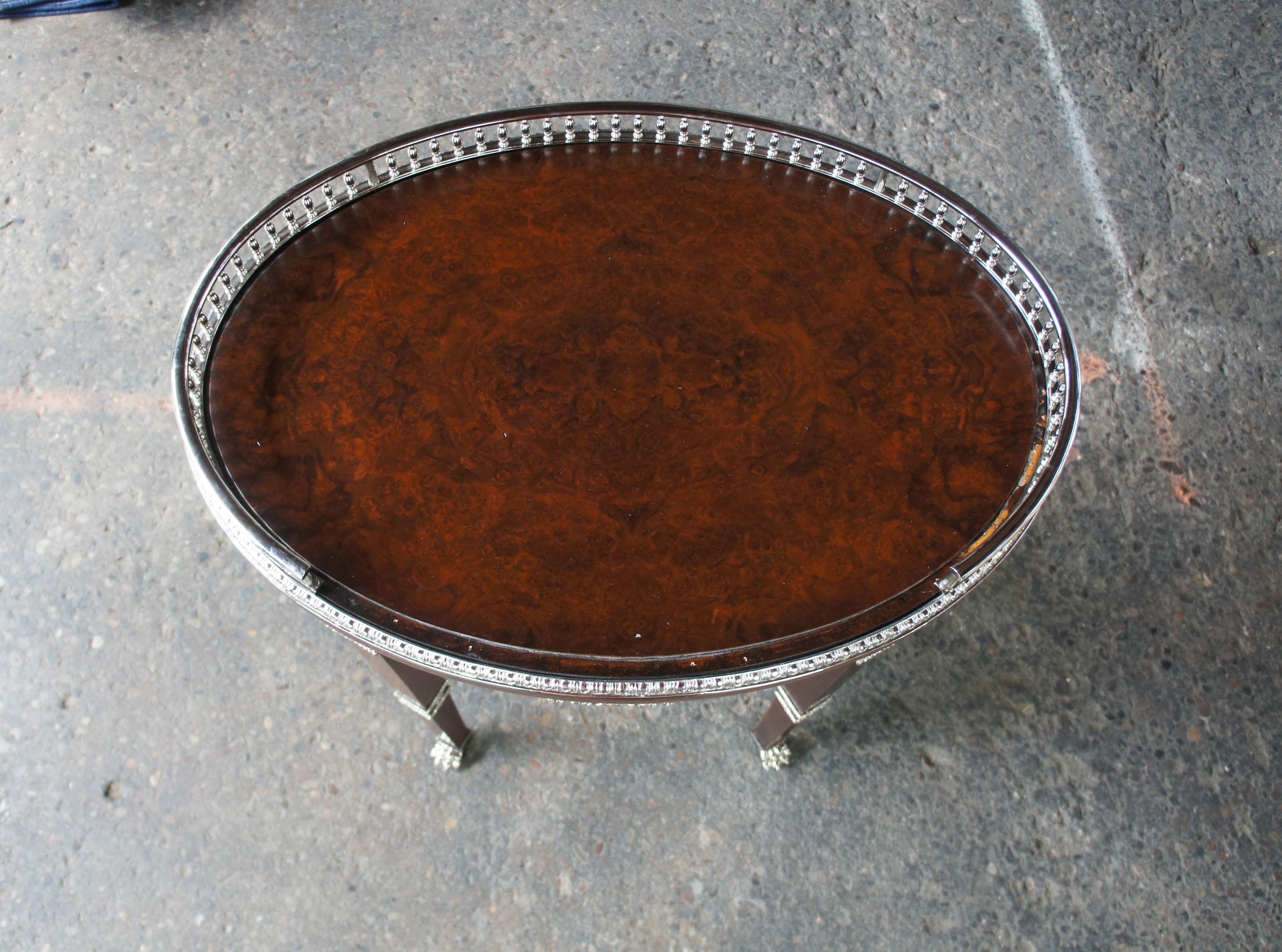 20th Century Henredon Neoclassical Revival Burlwood Bar Cart Accent Table Paw Foot Silver