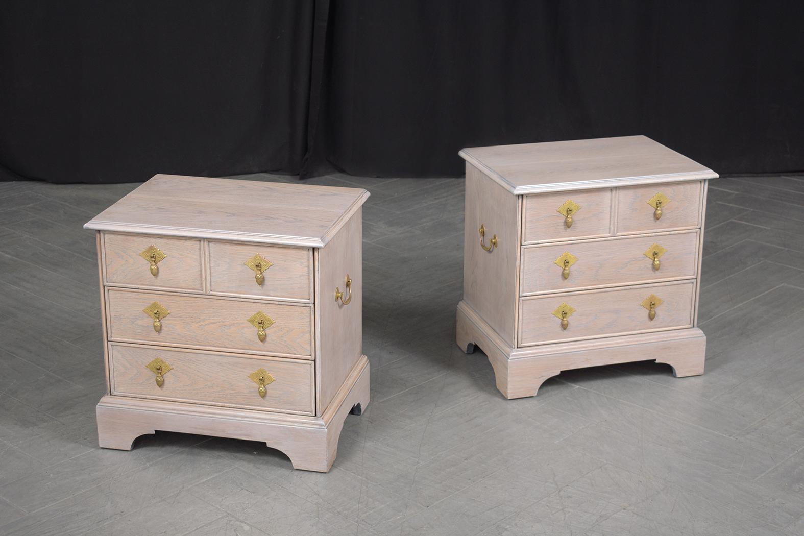Jacobean Restored 1960s White Oak Bedside Tables with Whitewashed Finish & Brass Handles For Sale
