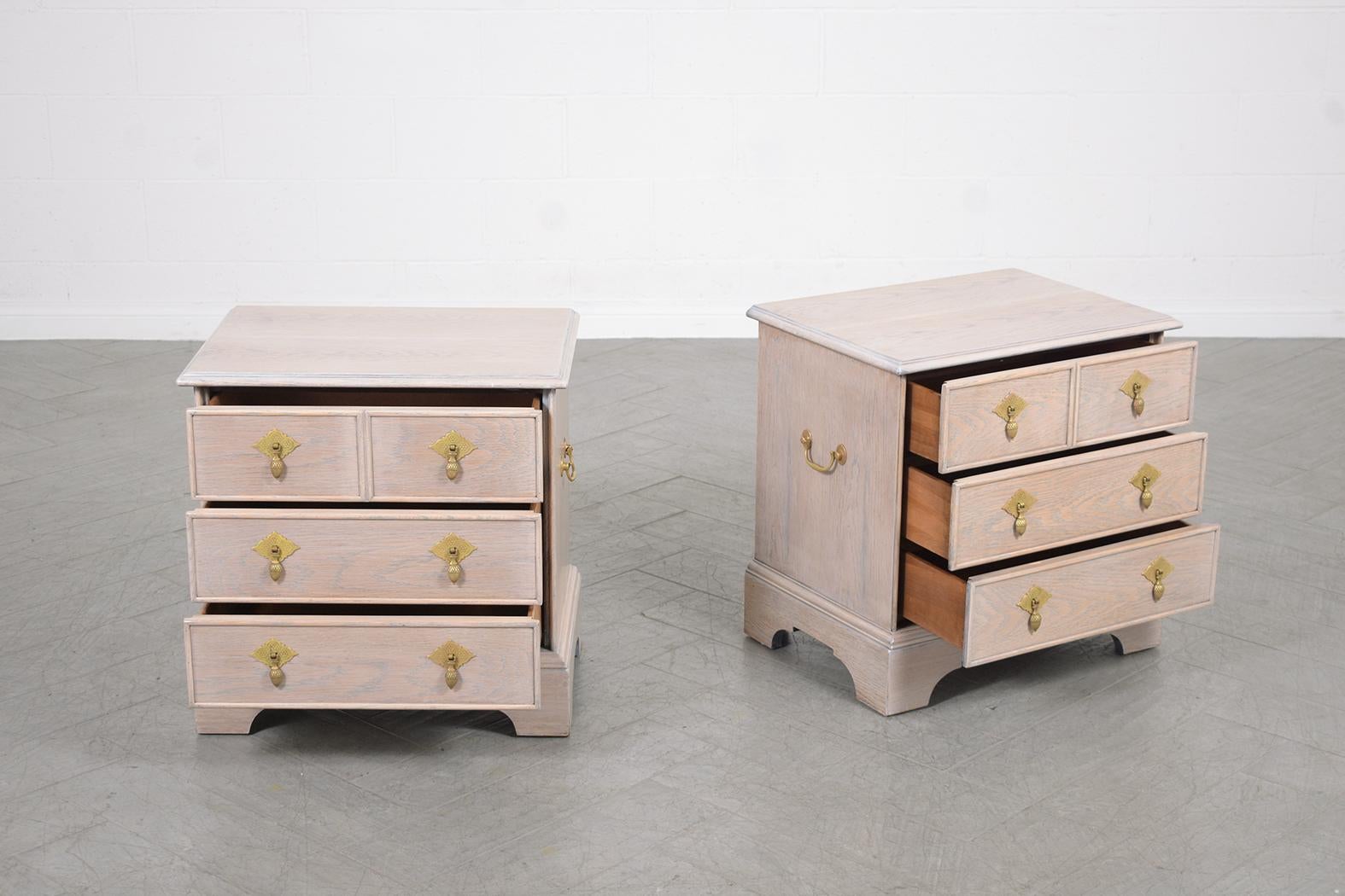 American Restored 1960s White Oak Bedside Tables with Whitewashed Finish & Brass Handles For Sale