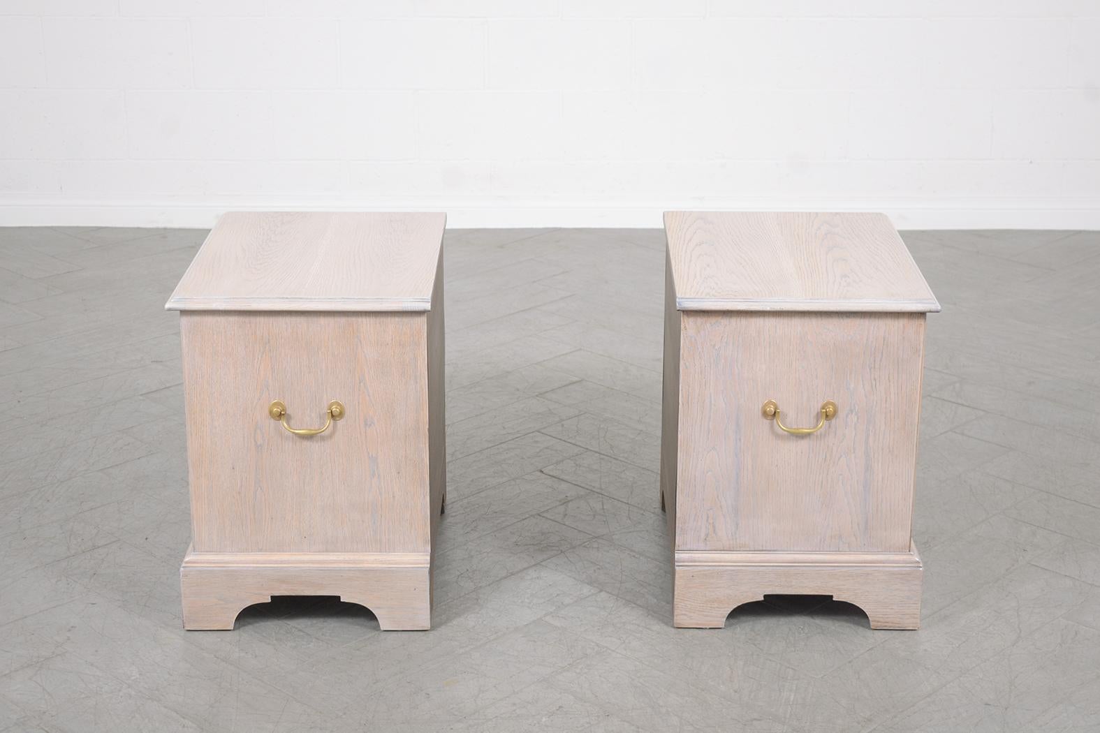 Plated Restored 1960s White Oak Bedside Tables with Whitewashed Finish & Brass Handles For Sale