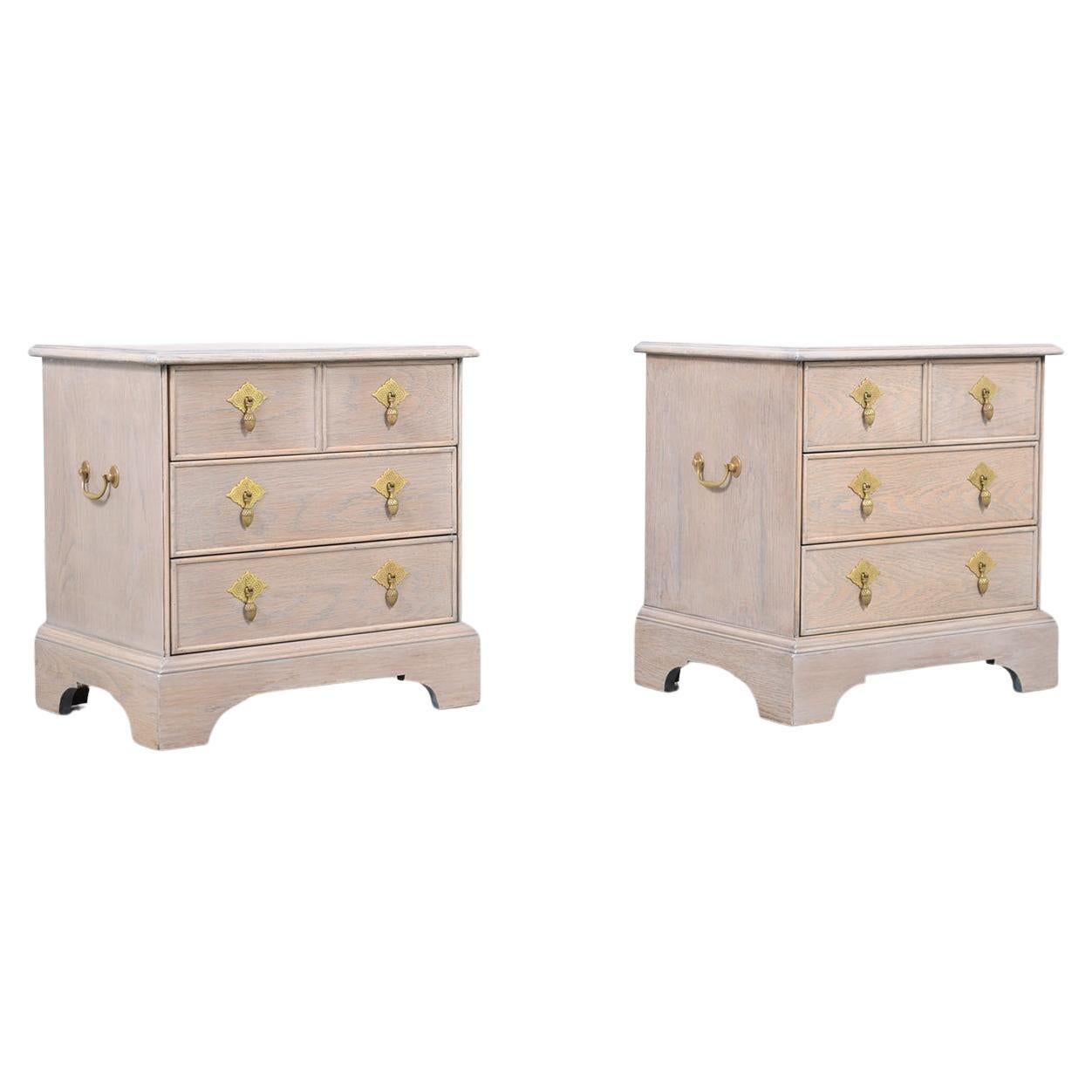 Restored 1960s White Oak Bedside Tables with Whitewashed Finish & Brass Handles For Sale