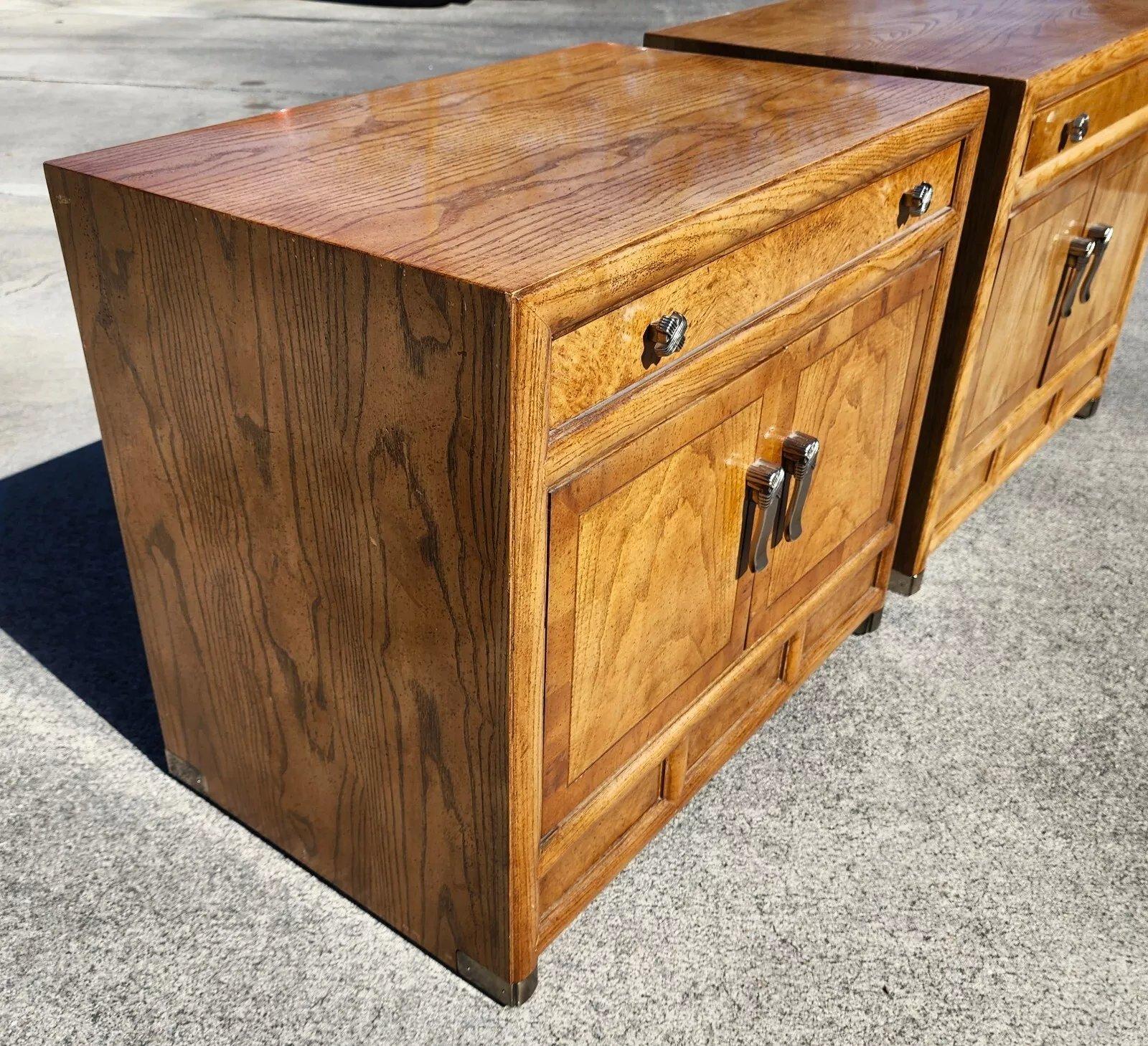 Wood Henredon Nightstands Side Tables Campaign Style Pair For Sale