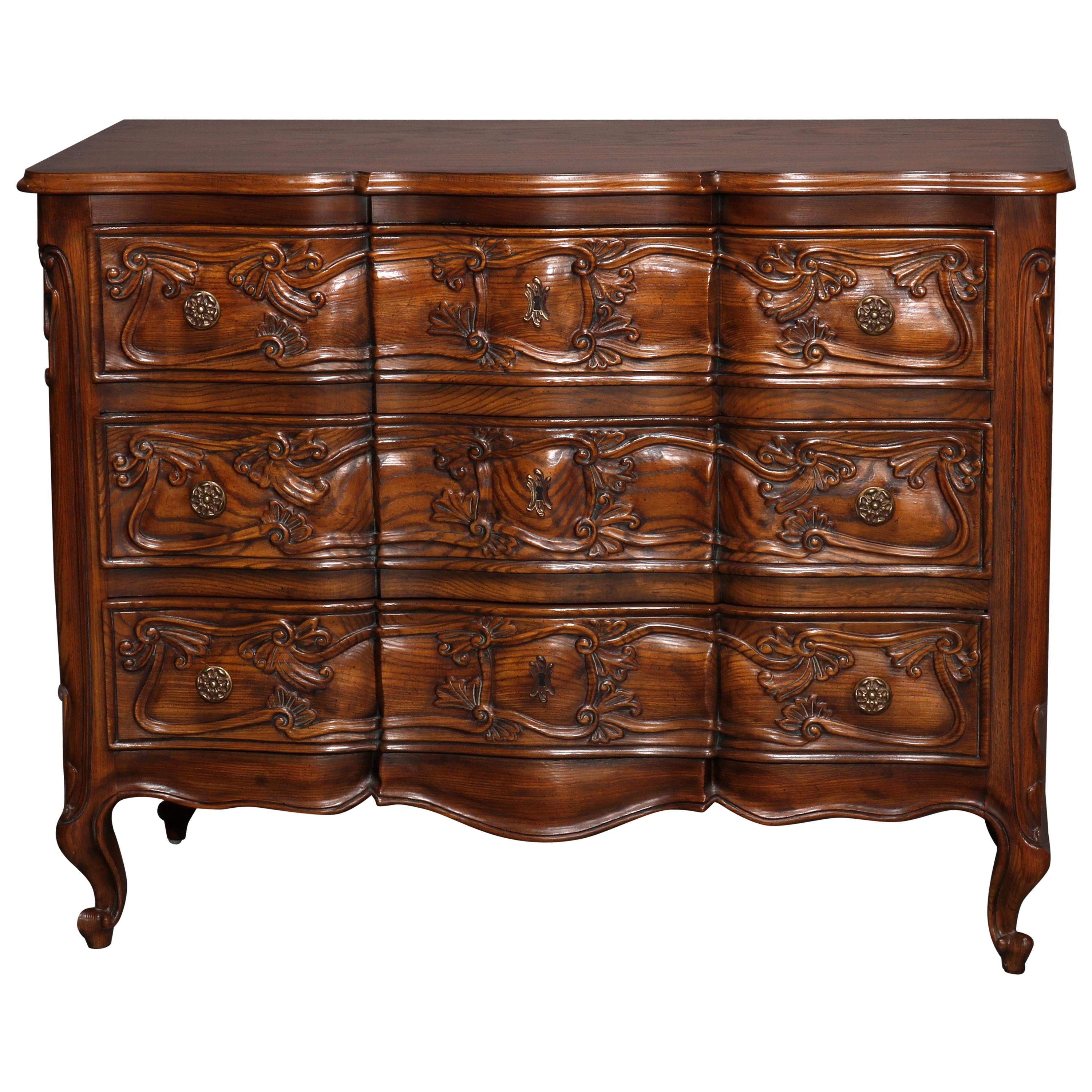 Henredon Oak French Louis XIV Style Carved Swell Front Commode, 20th Century