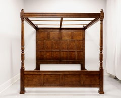 HENREDON Oak Tudor Paneled Four Poster Canopy King Bed