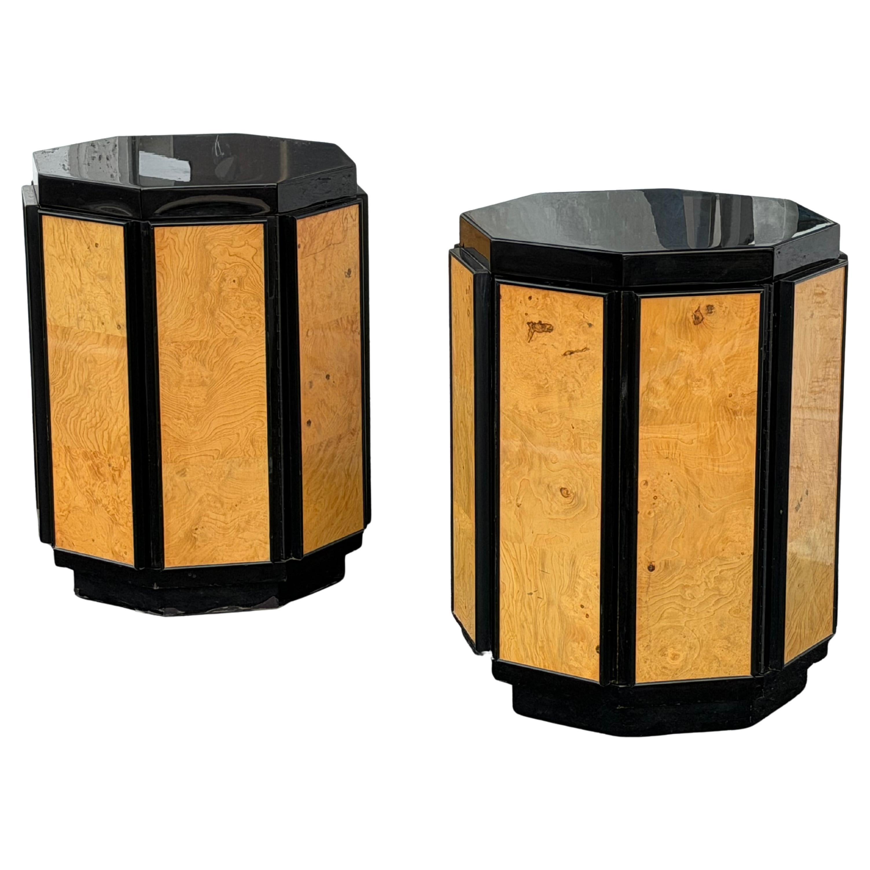 Henredon Octagonal End Tables Black Lacquer And Burl ca
 1980
s For Sale