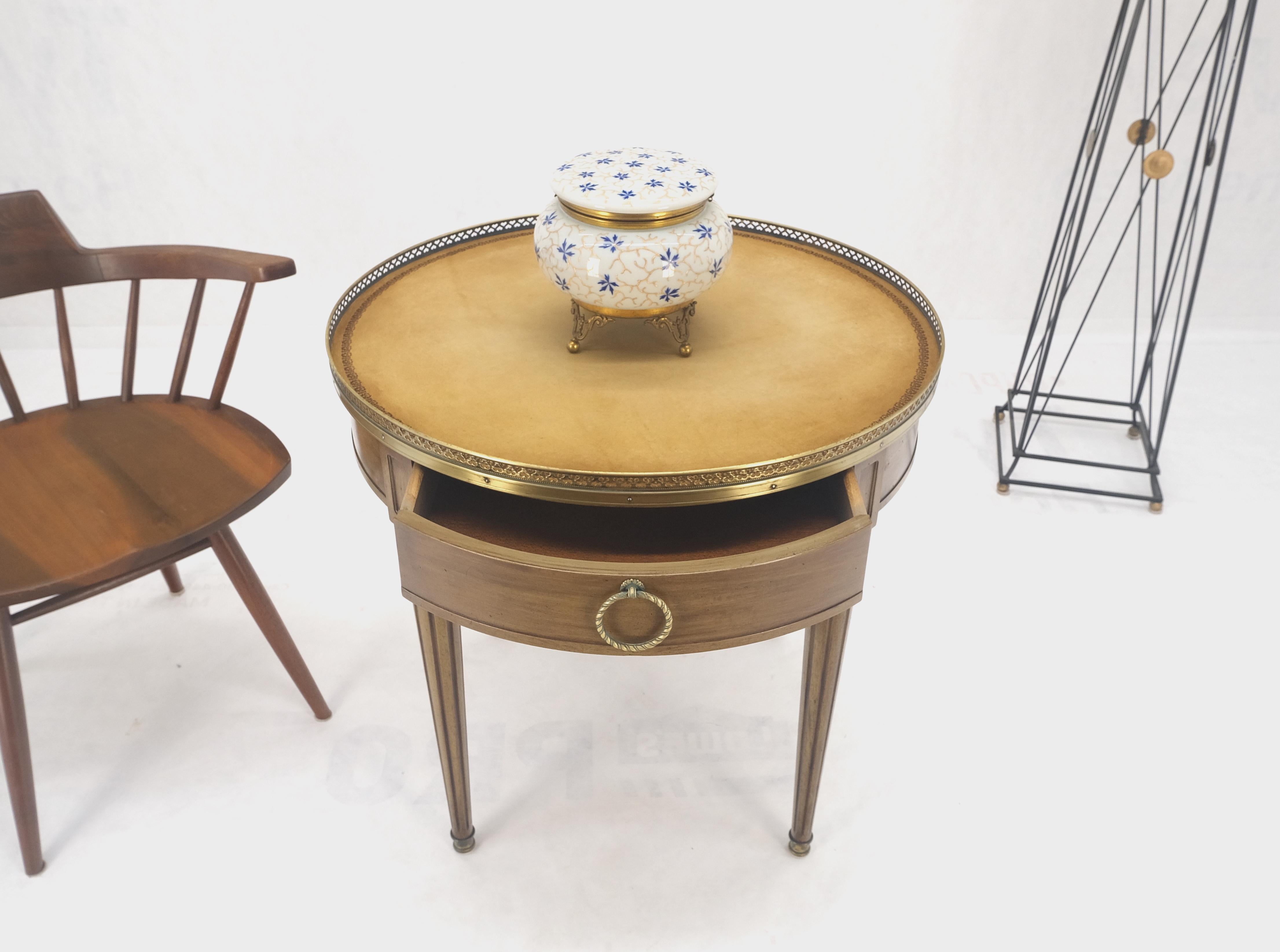 Mahogany Henredon Olive Green Round Leather Top Brass Gallery Drop Pull Side Table MINT! For Sale