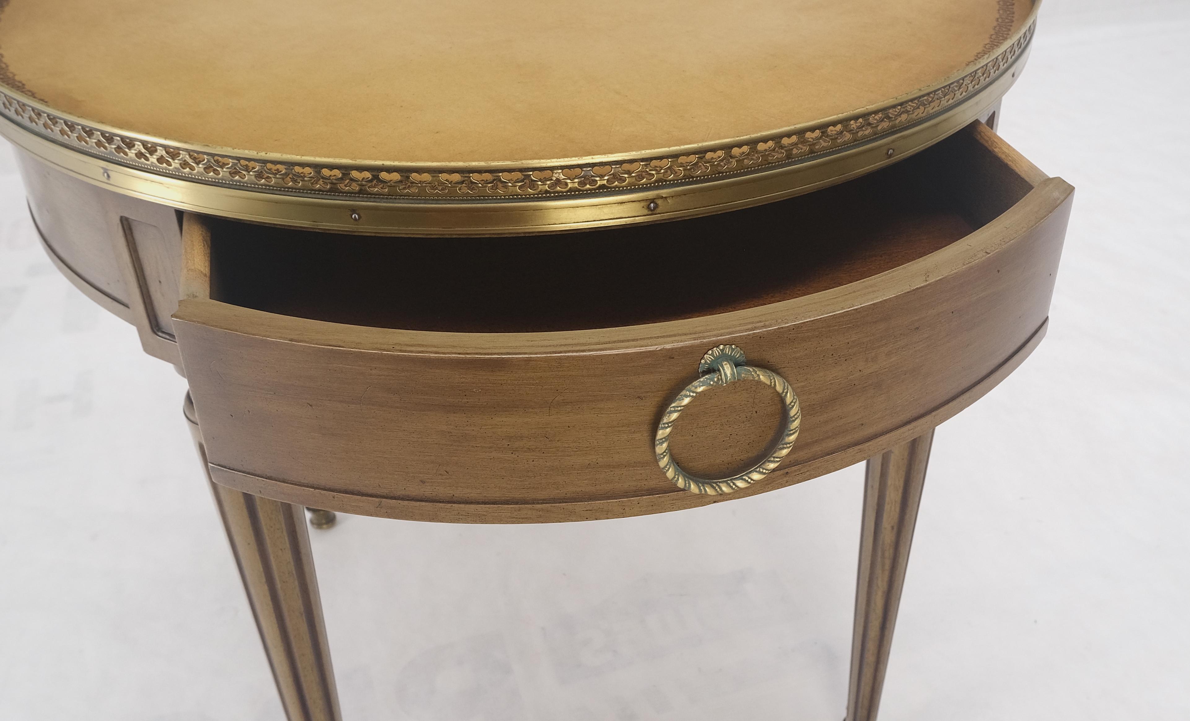 Lacquered Henredon Olive Green Round Leather Top Brass Gallery Drop Pull Side Table MINT! For Sale