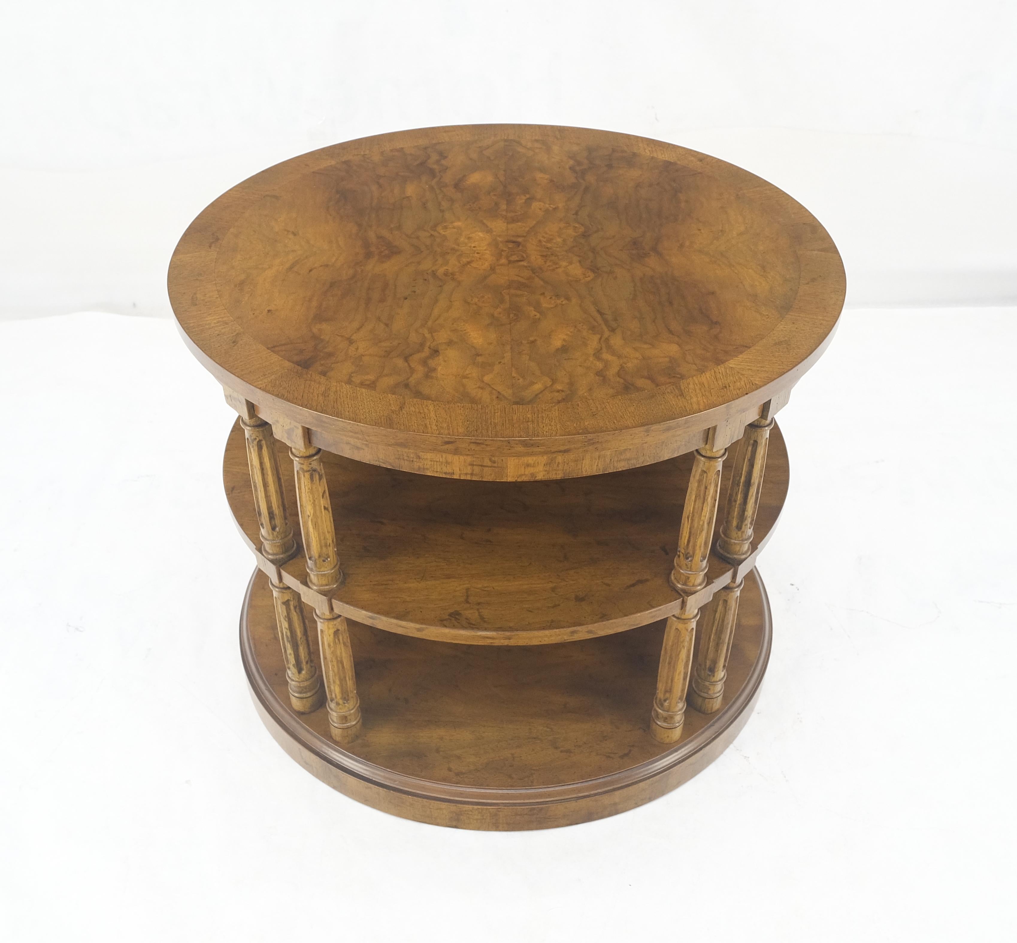 Mid-Century Modern Henredon Oval Burl Walnut 3 Tier Sied End Lamp Table Stand Magazine Shelf MINT For Sale