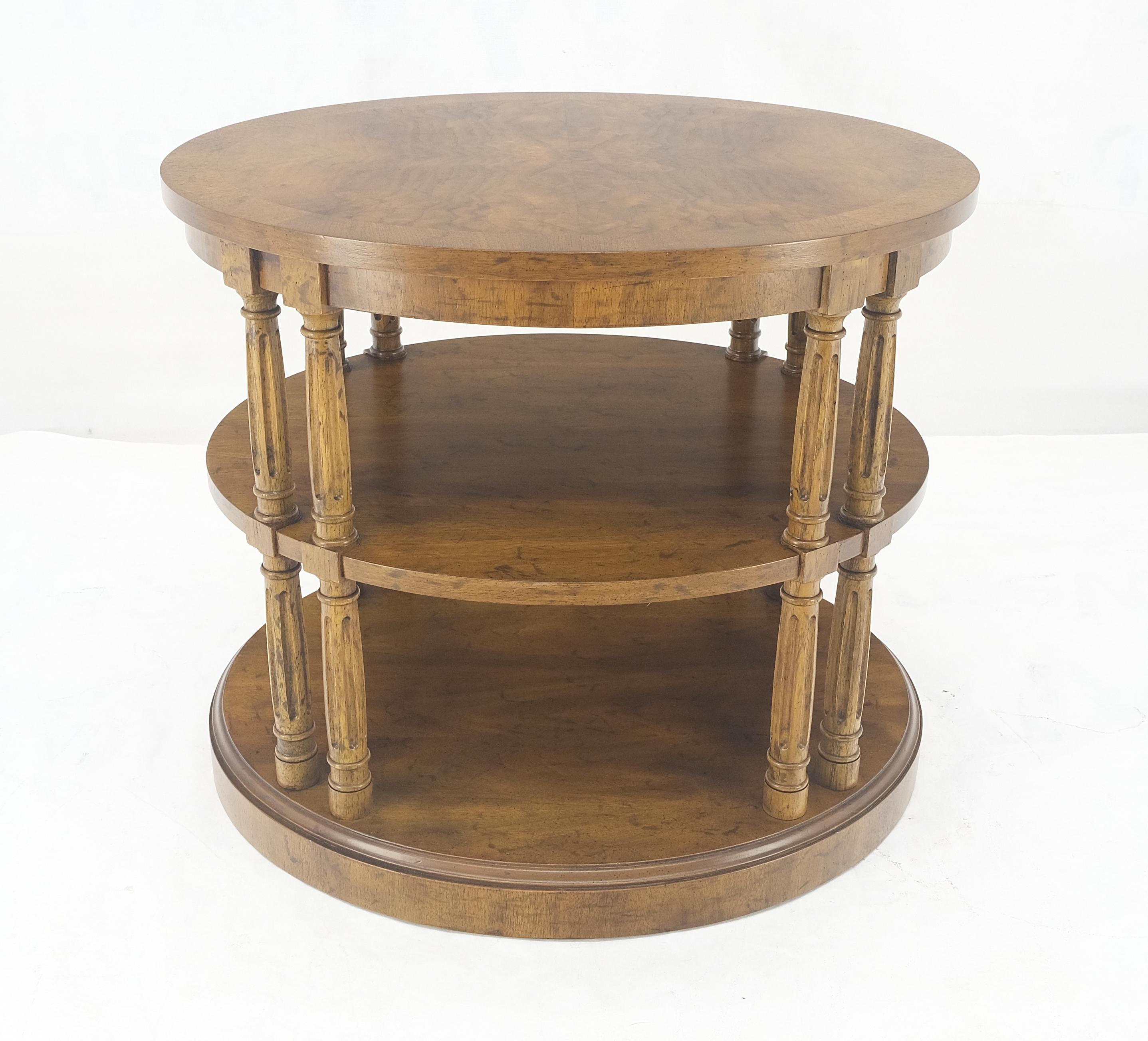 American Henredon Oval Burl Walnut 3 Tier Sied End Lamp Table Stand Magazine Shelf MINT For Sale