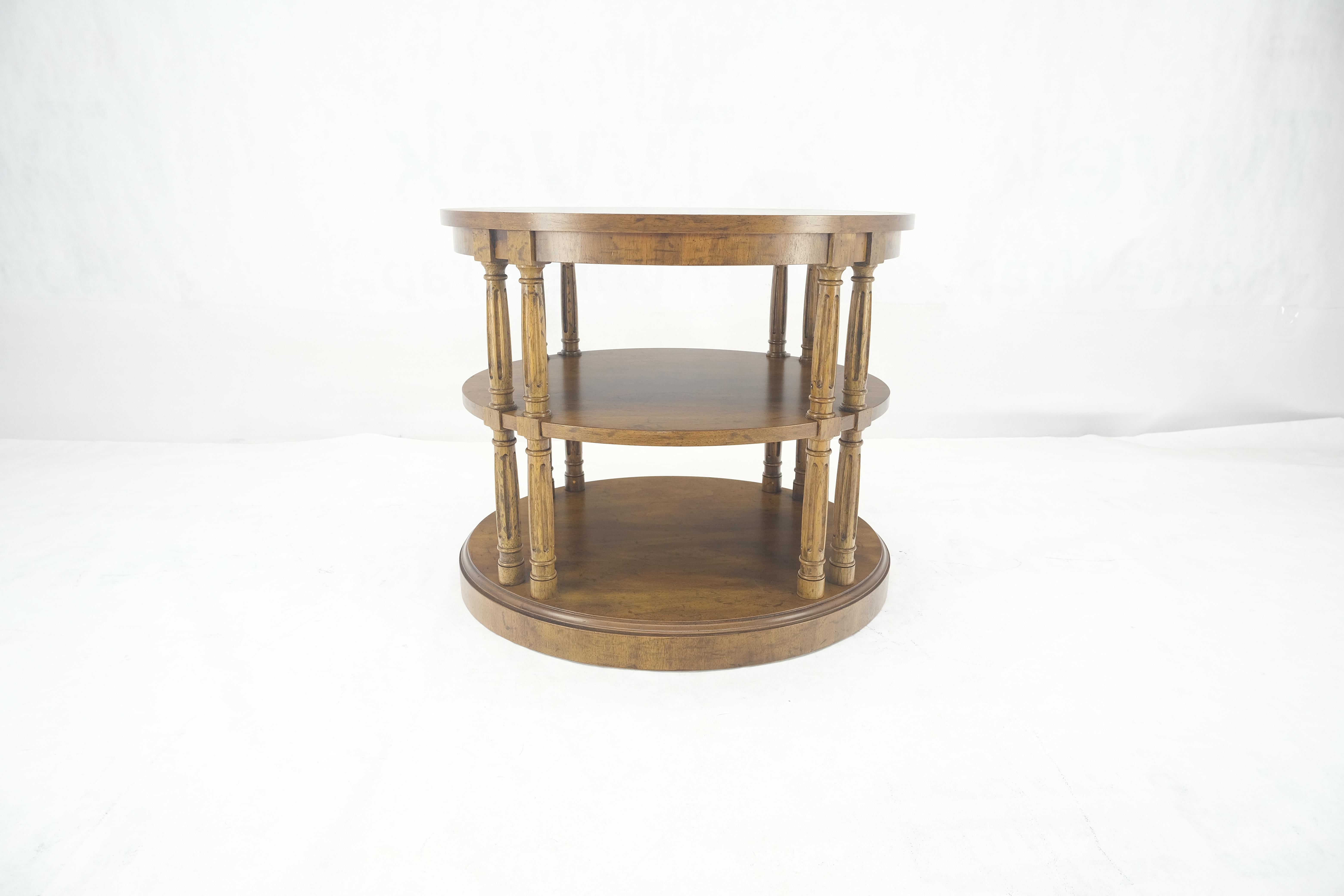 Lacquered Henredon Oval Burl Walnut 3 Tier Sied End Lamp Table Stand Magazine Shelf MINT For Sale