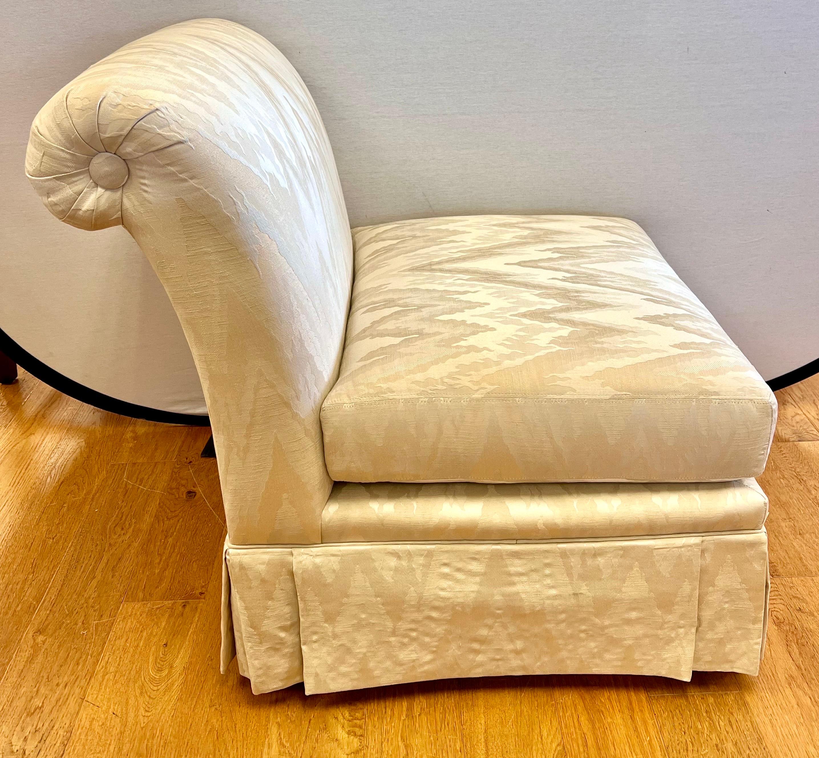 American Henredon Pair of Mid Century Upholstered Silk Chevron Slipper Chairs