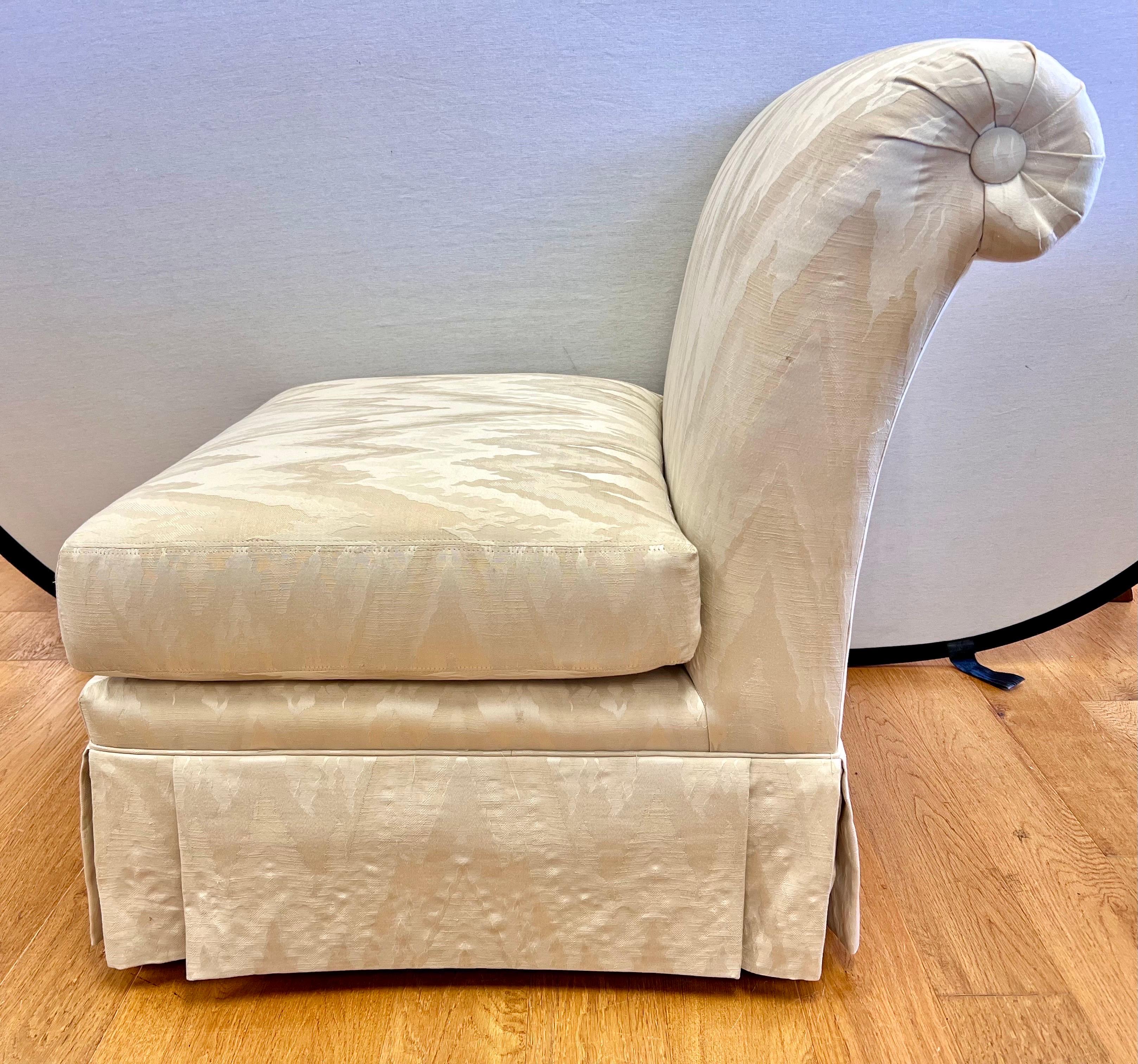 Textile Henredon Pair of Mid Century Upholstered Silk Chevron Slipper Chairs