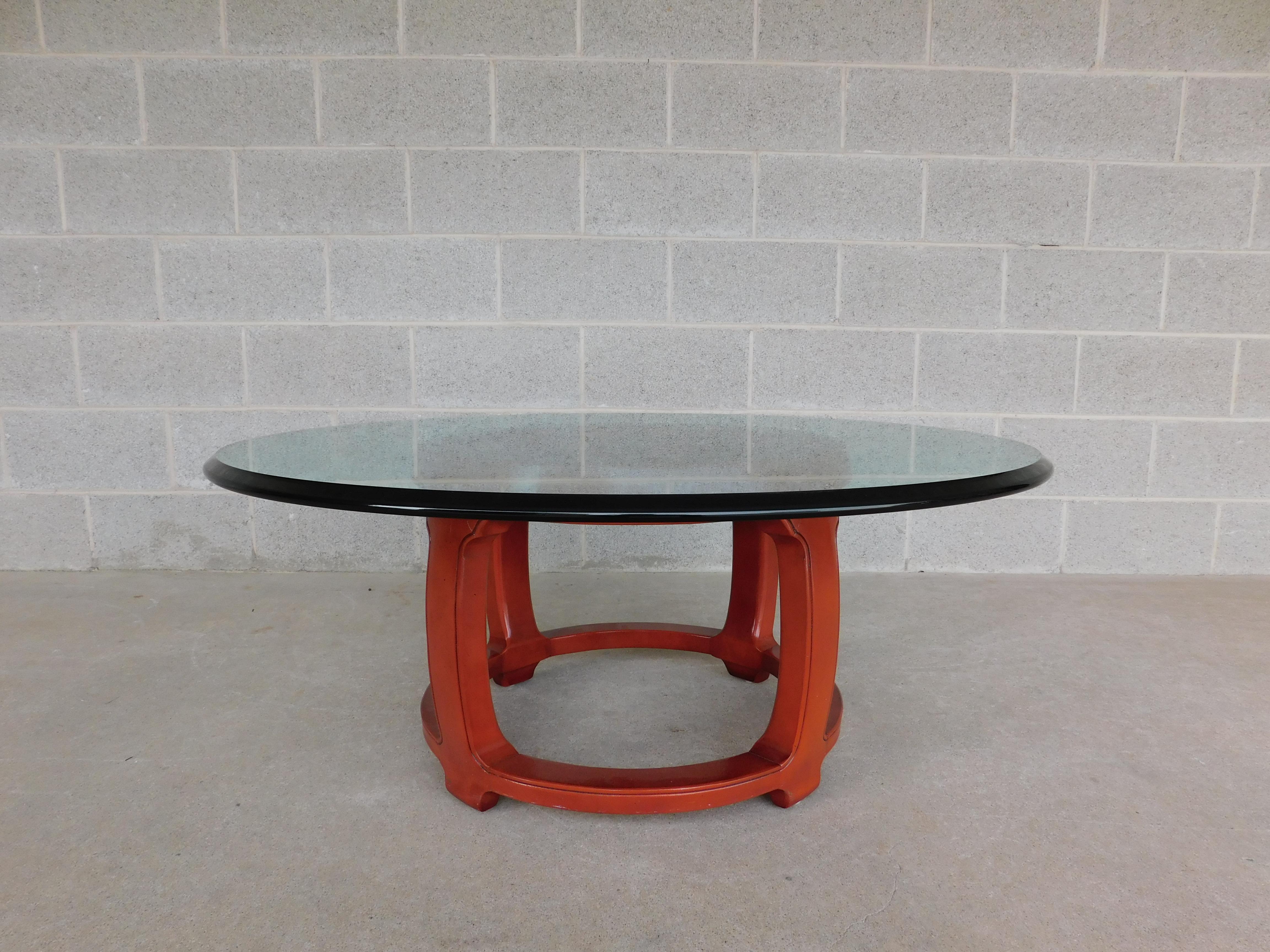 Chinese Export Henredon Pan Asian Collection Lacquered Base Glass Top Cocktail Table 40
