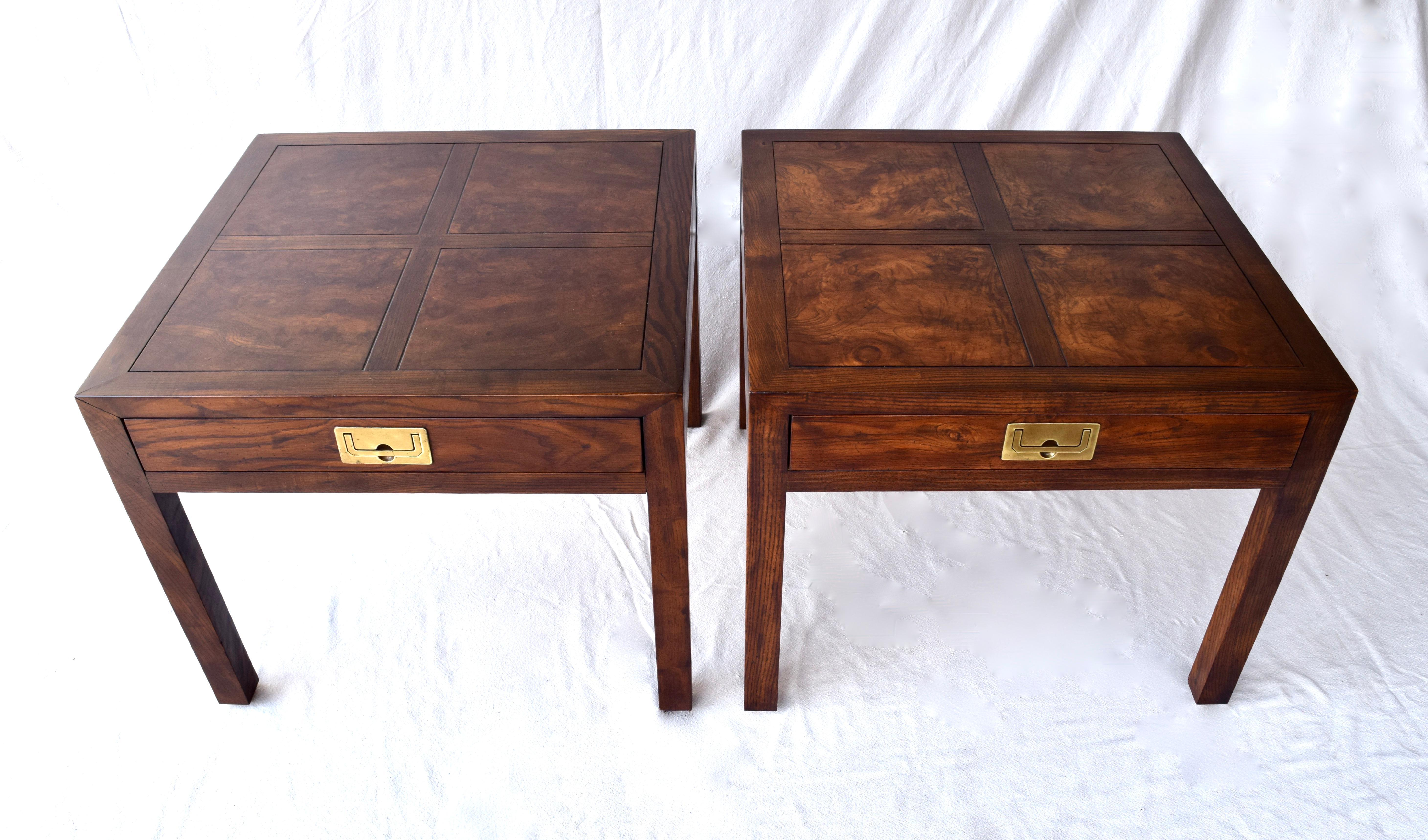 Classic Campaign styling from Henredon, pair of burl walnut parsons side (or end) tables having a single recessed brass pull and striking parquetry tops. 