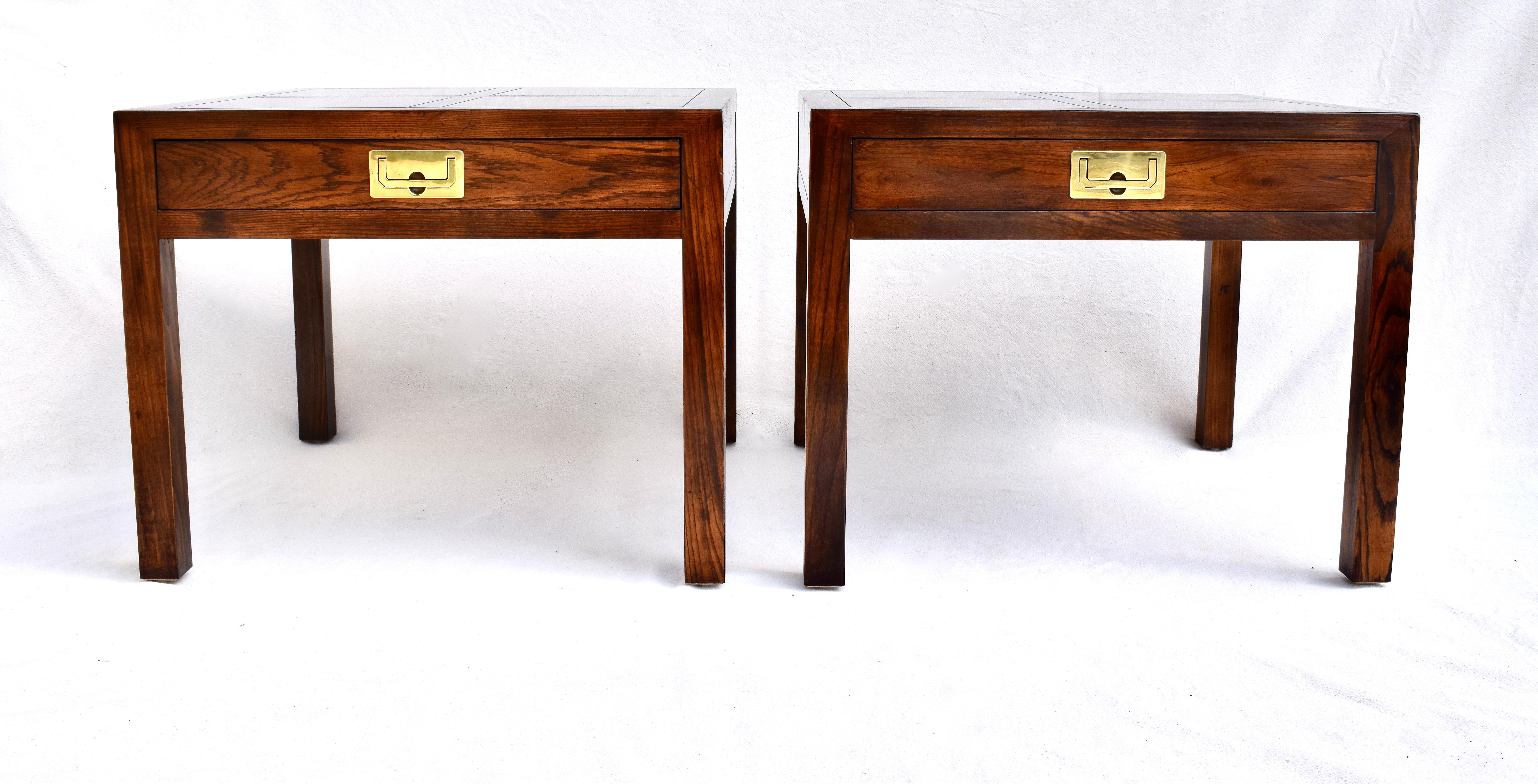 Classic Campaign styling from Henredon, pair of burl wide body walnut parsons side (or end) tables having a single recessed brass pull and striking parquetry tops.