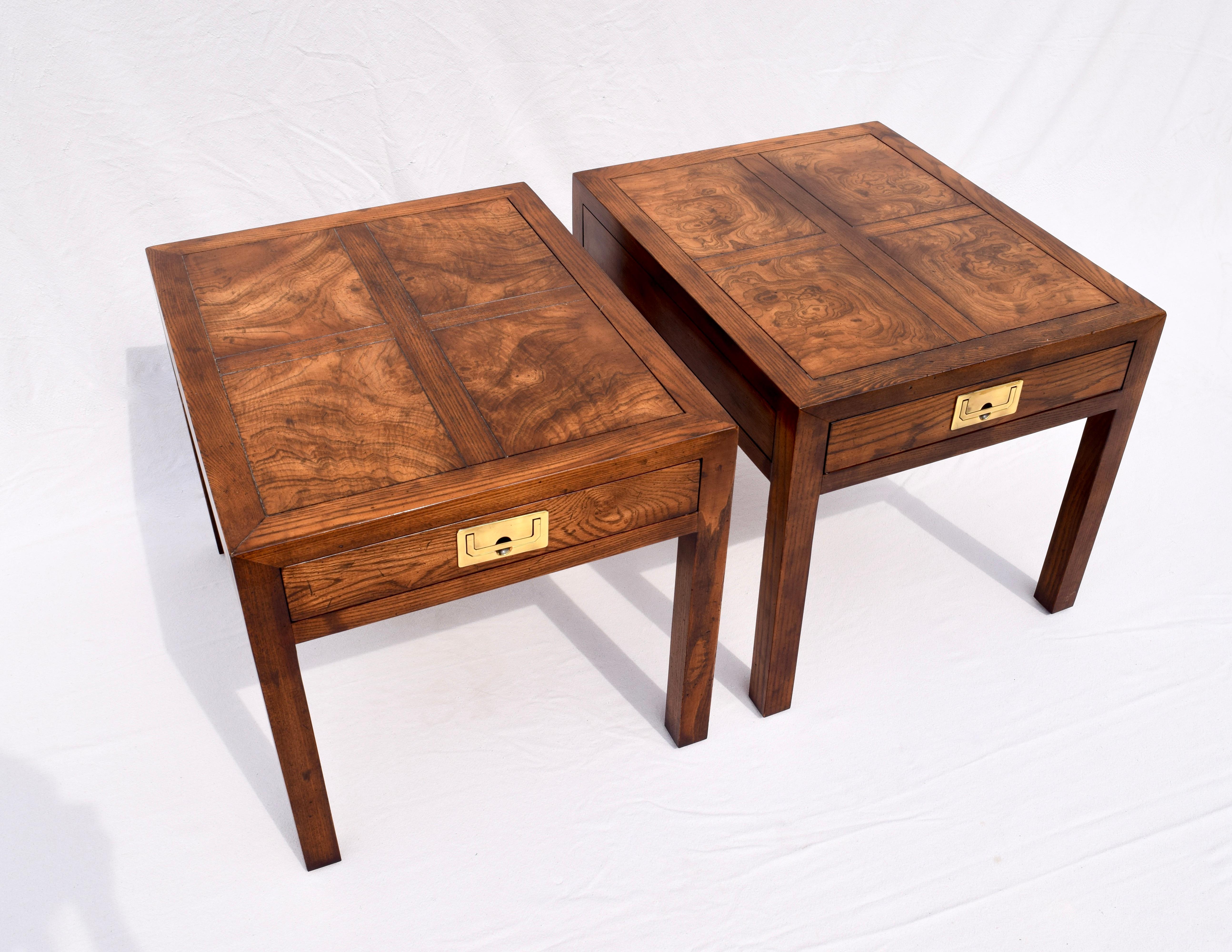 American Henredon Parquetry Top Burl Walnut Campaign End Tables