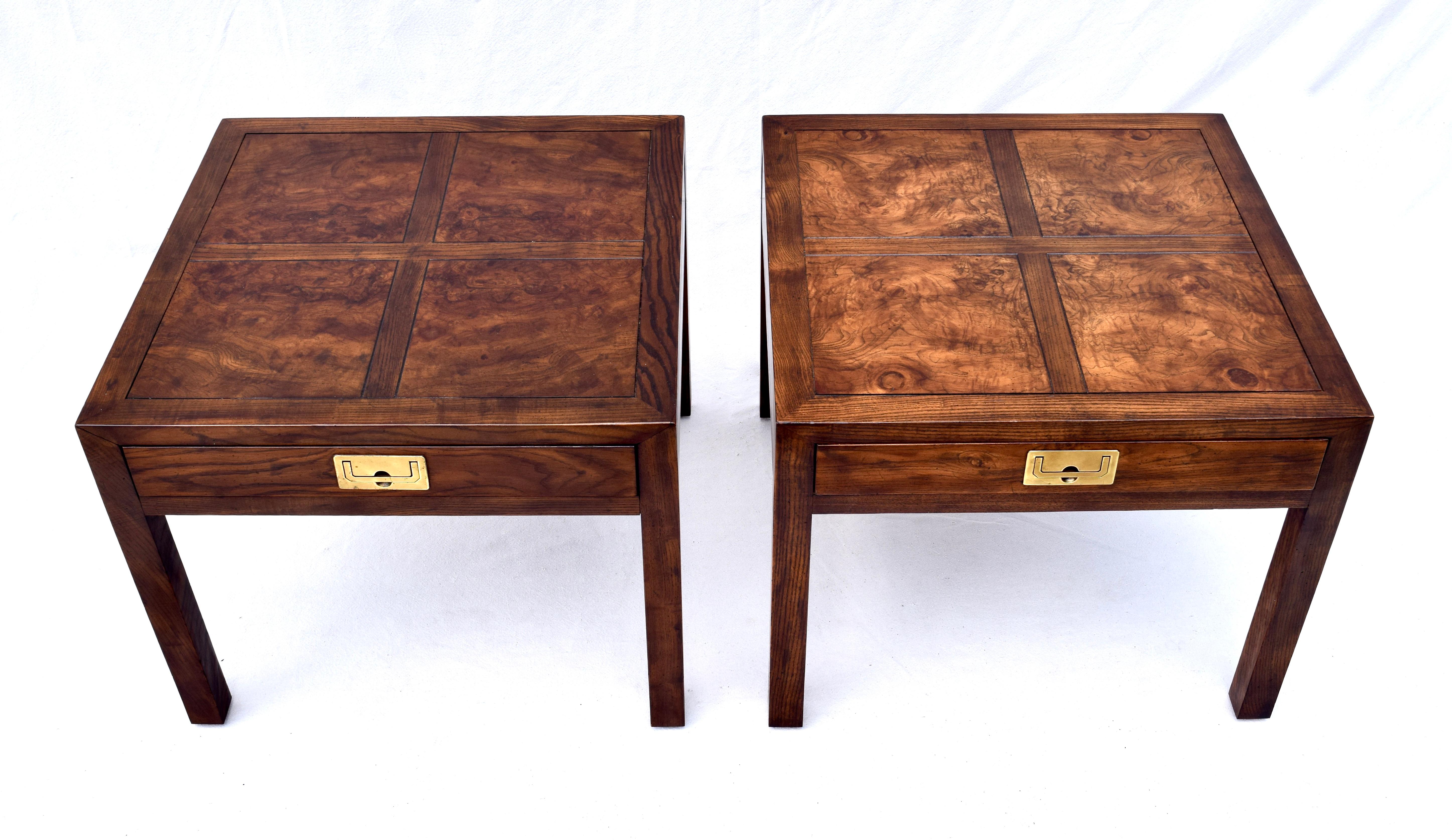 American Henredon Parquetry Top Burl Walnut Campaign End Tables