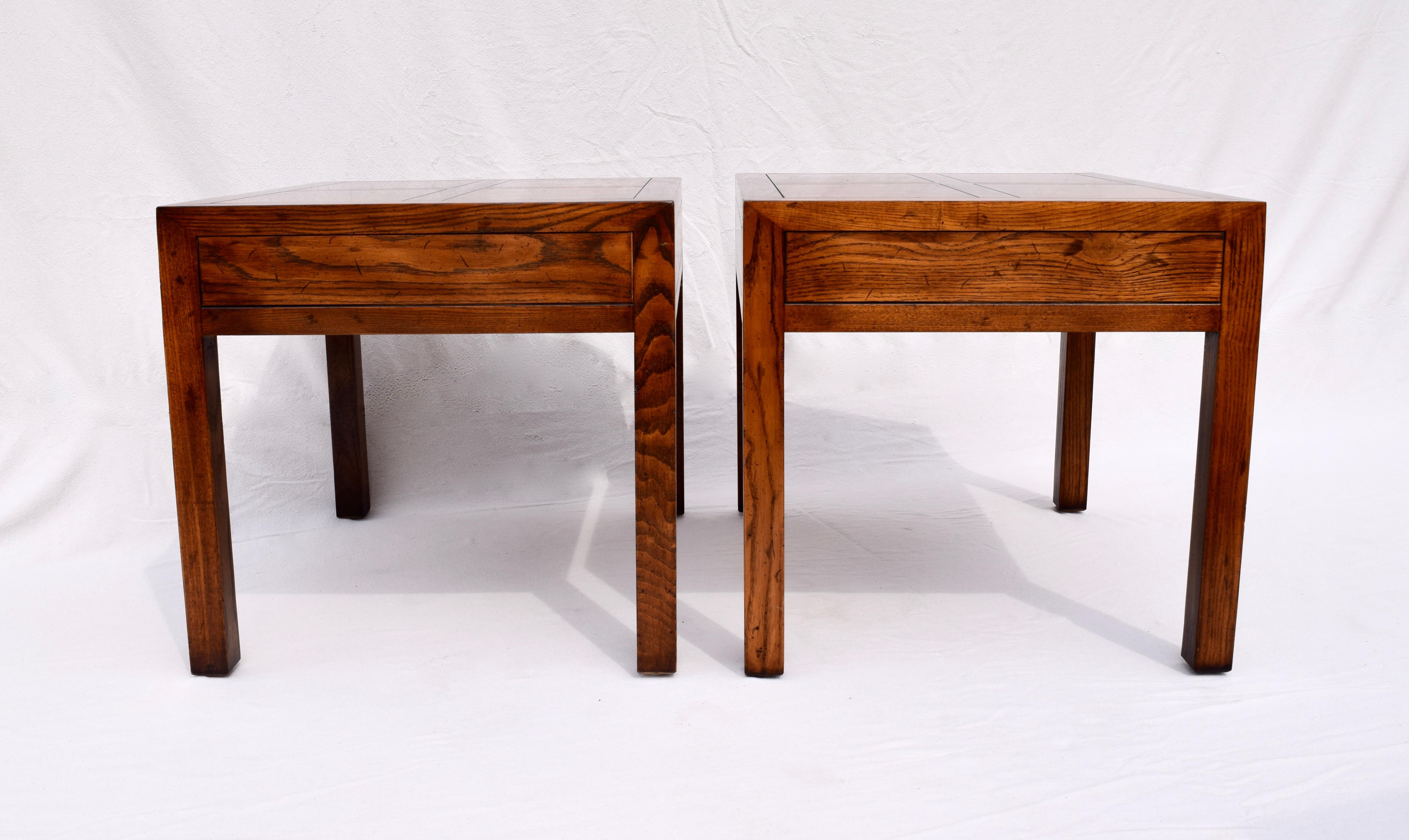 Late 20th Century Henredon Parquetry Top Burl Walnut Campaign End Tables