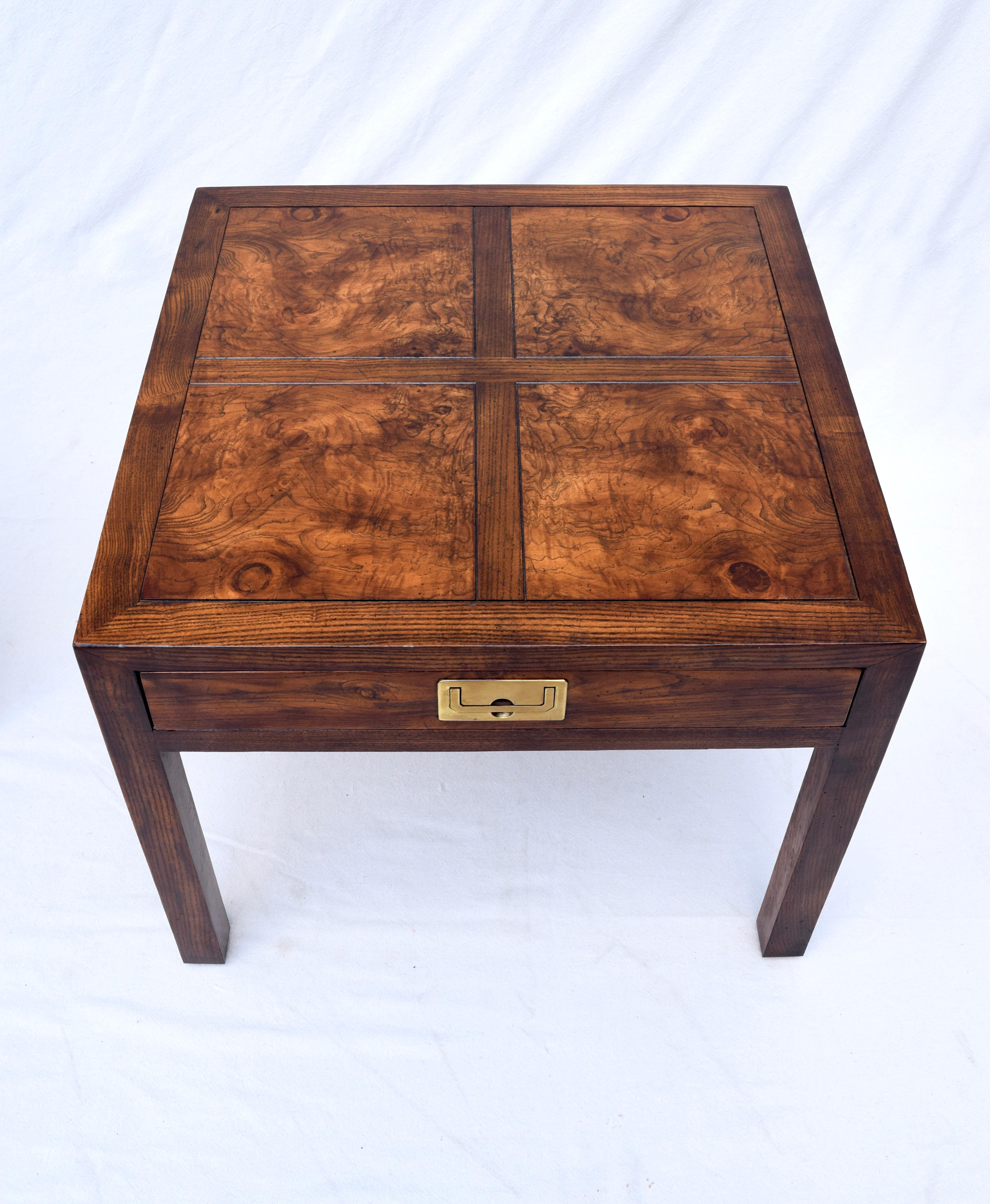 Mid-20th Century Henredon Parquetry Top Burl Walnut Campaign End Tables