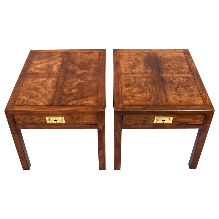 Henredon Parquetry Top Burl Walnut Campaign End Tables at 1stDibs