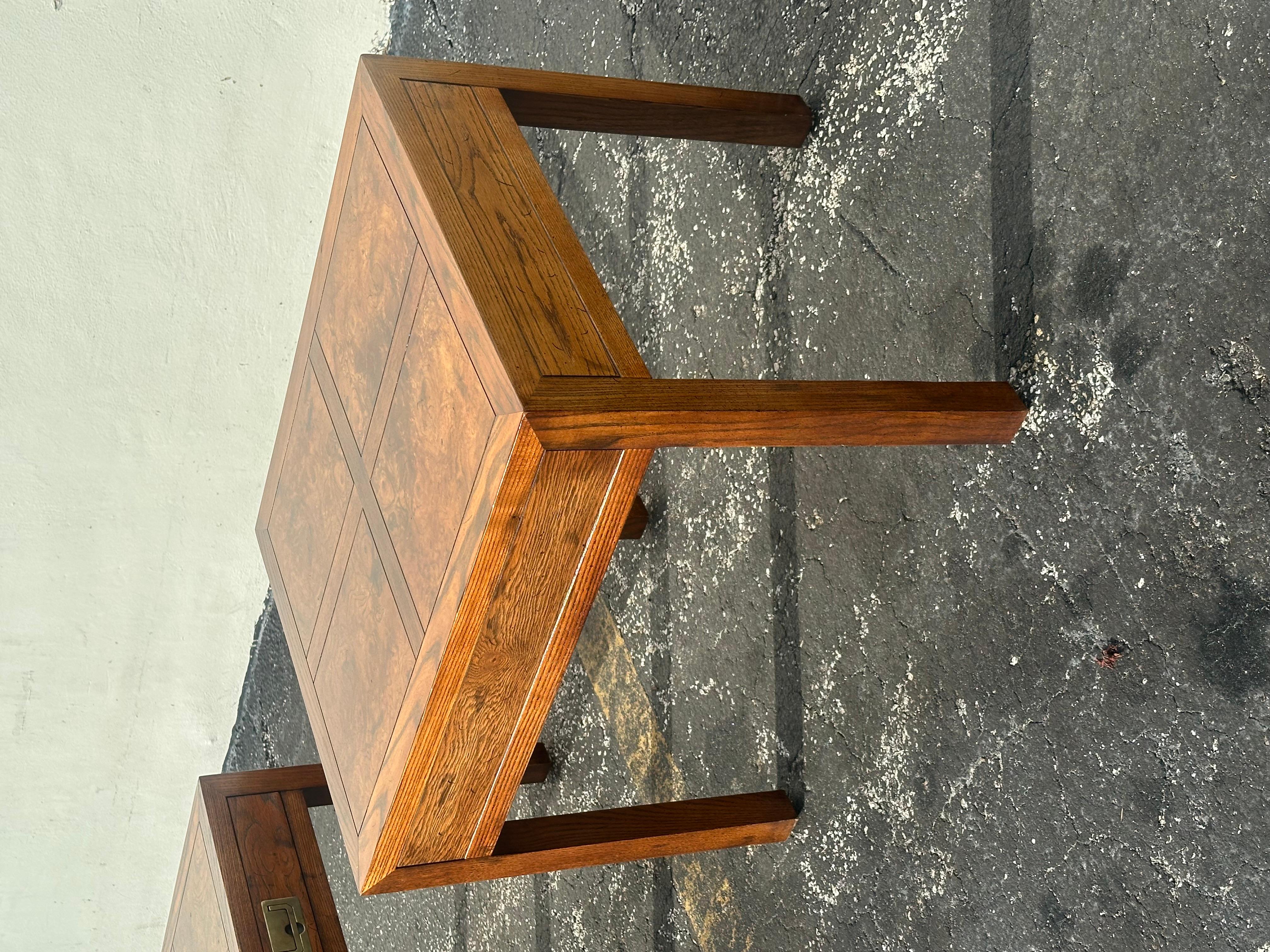 Henredon Parquetry Top Burl Walnut Campaign End Tables, Set of 2 For Sale 4