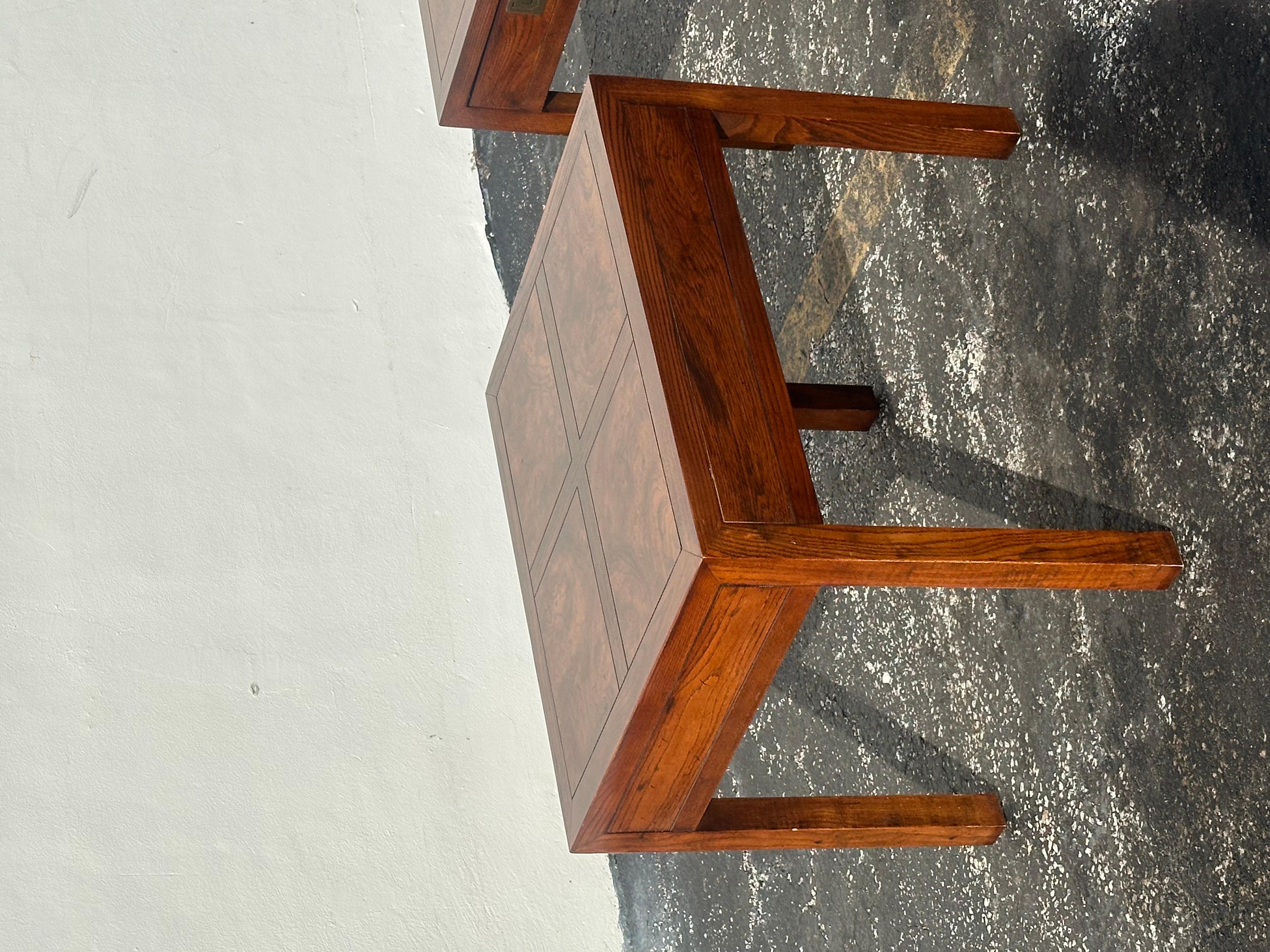 Henredon Parquetry Top Burl Walnut Campaign End Tables, Set of 2 For Sale 5