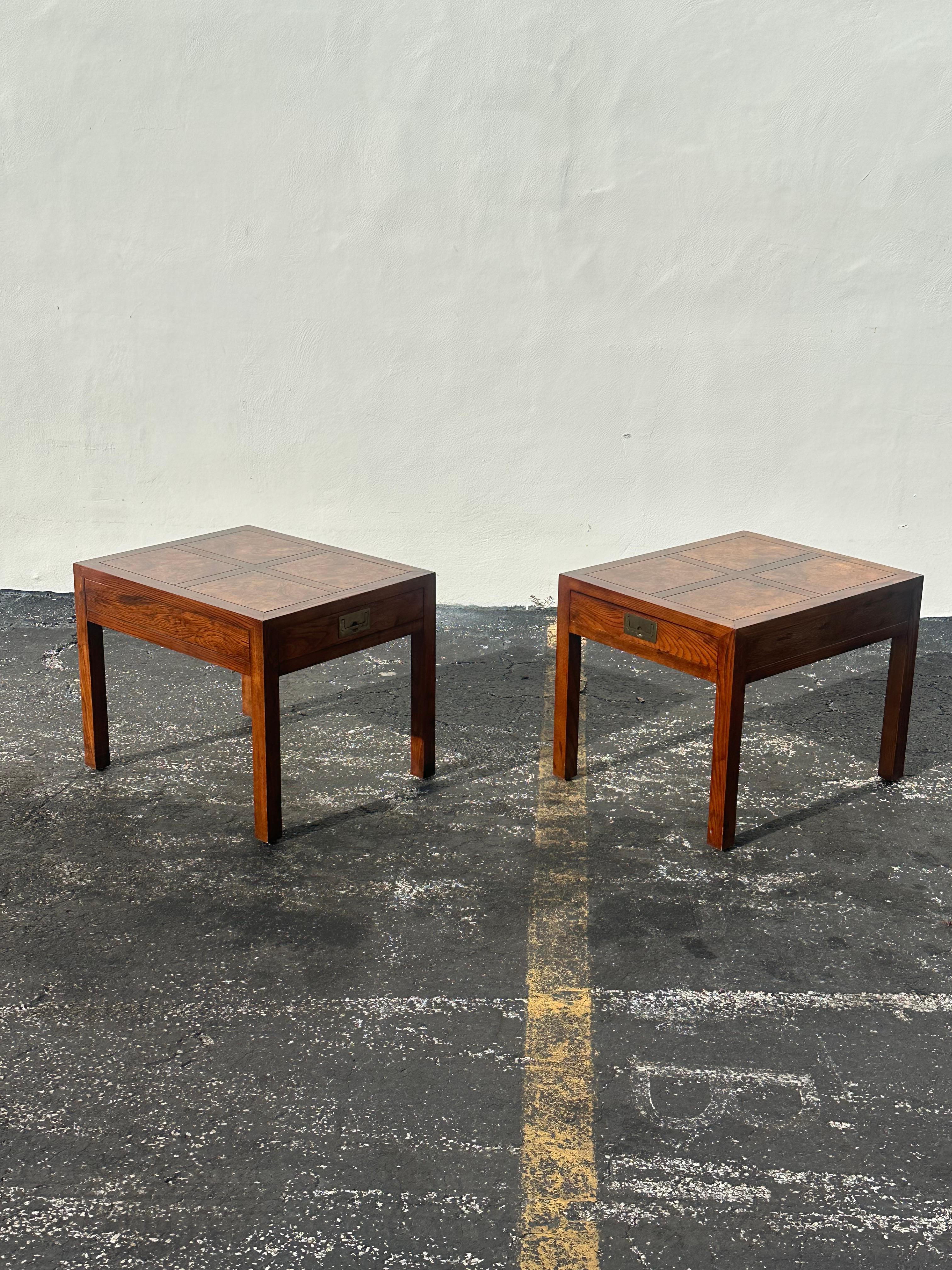 American Henredon Parquetry Top Burl Walnut Campaign End Tables, Set of 2 For Sale