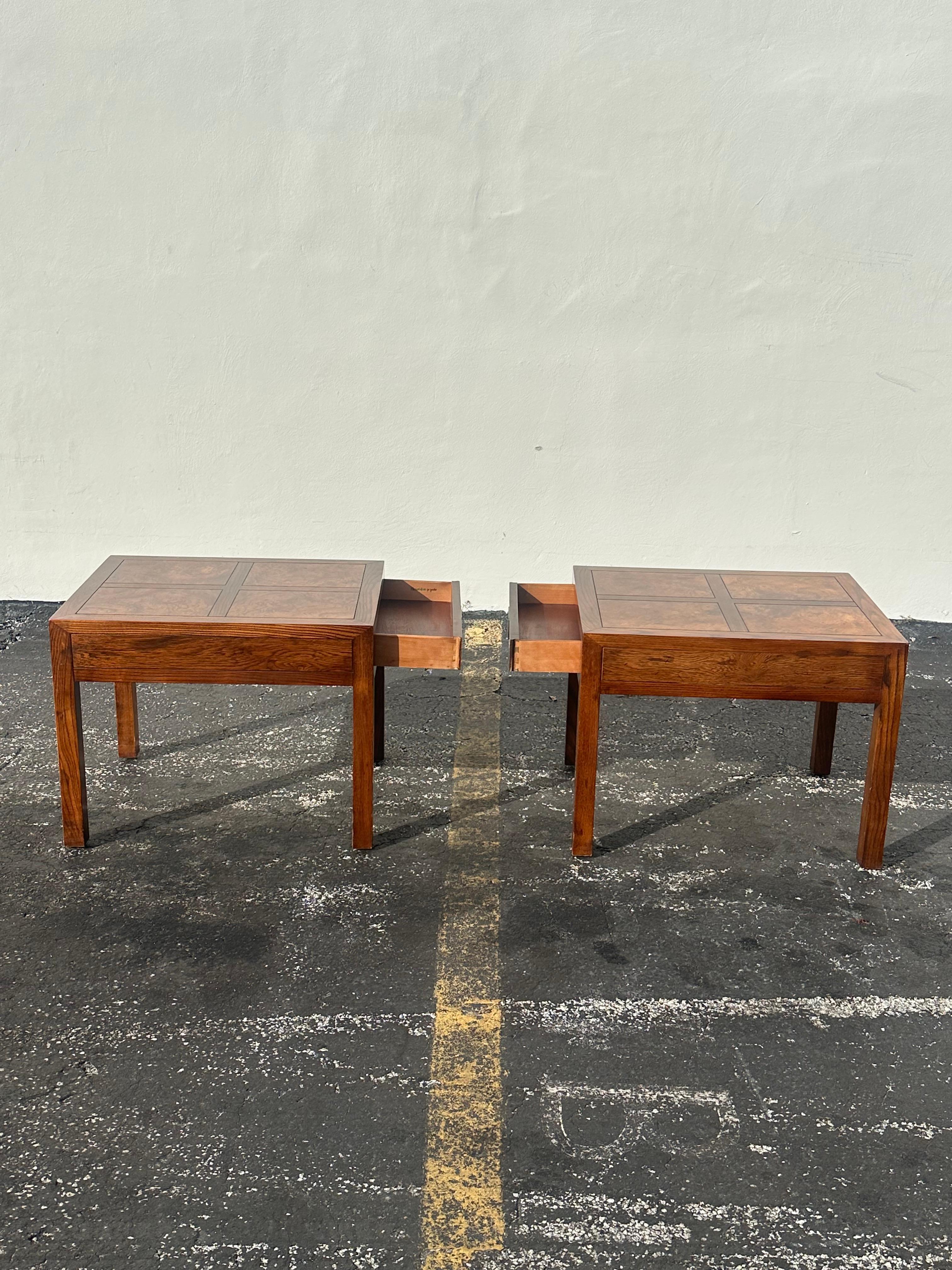 Late 20th Century Henredon Parquetry Top Burl Walnut Campaign End Tables, Set of 2 For Sale