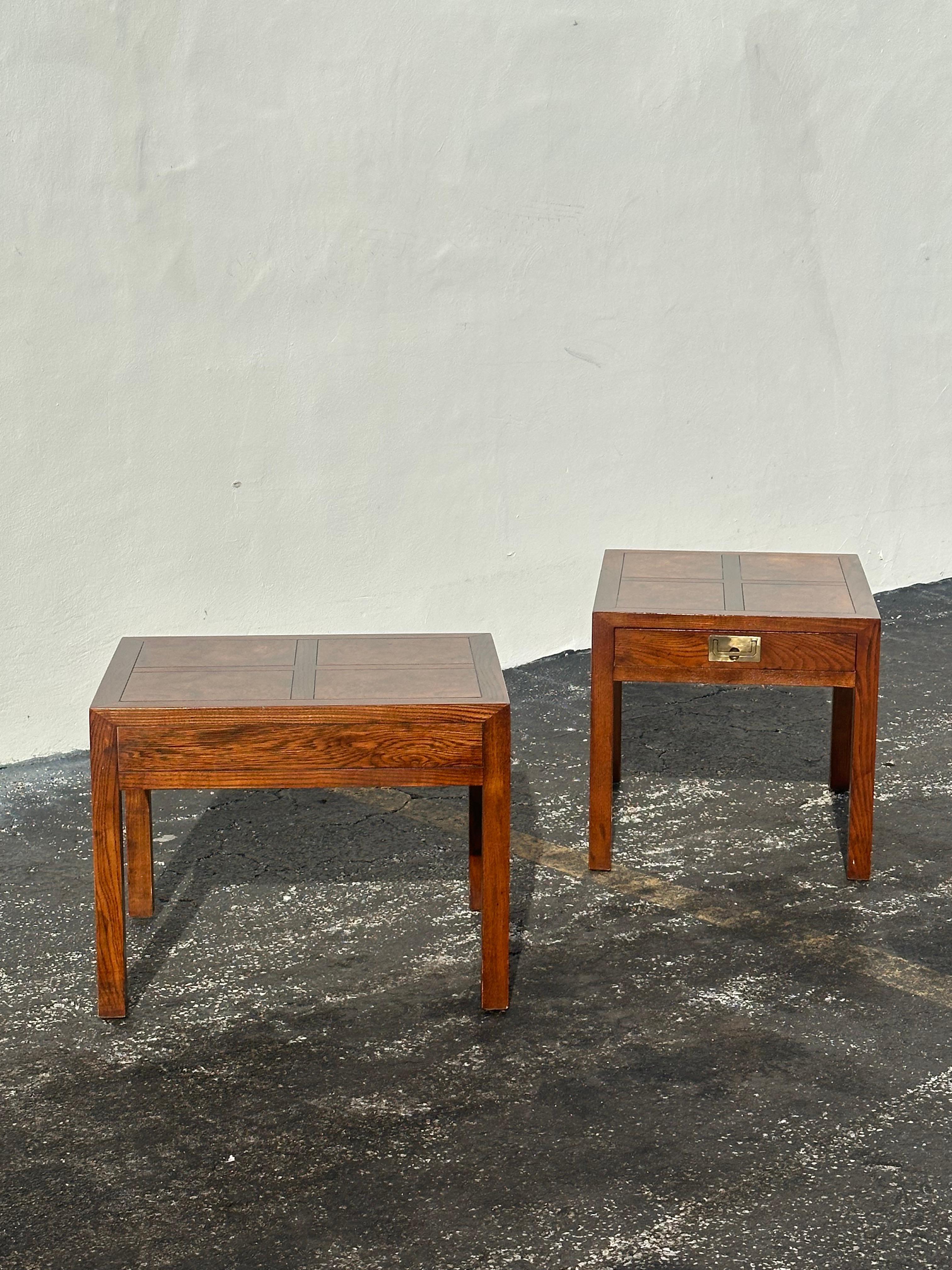 Brass Henredon Parquetry Top Burl Walnut Campaign End Tables, Set of 2 For Sale