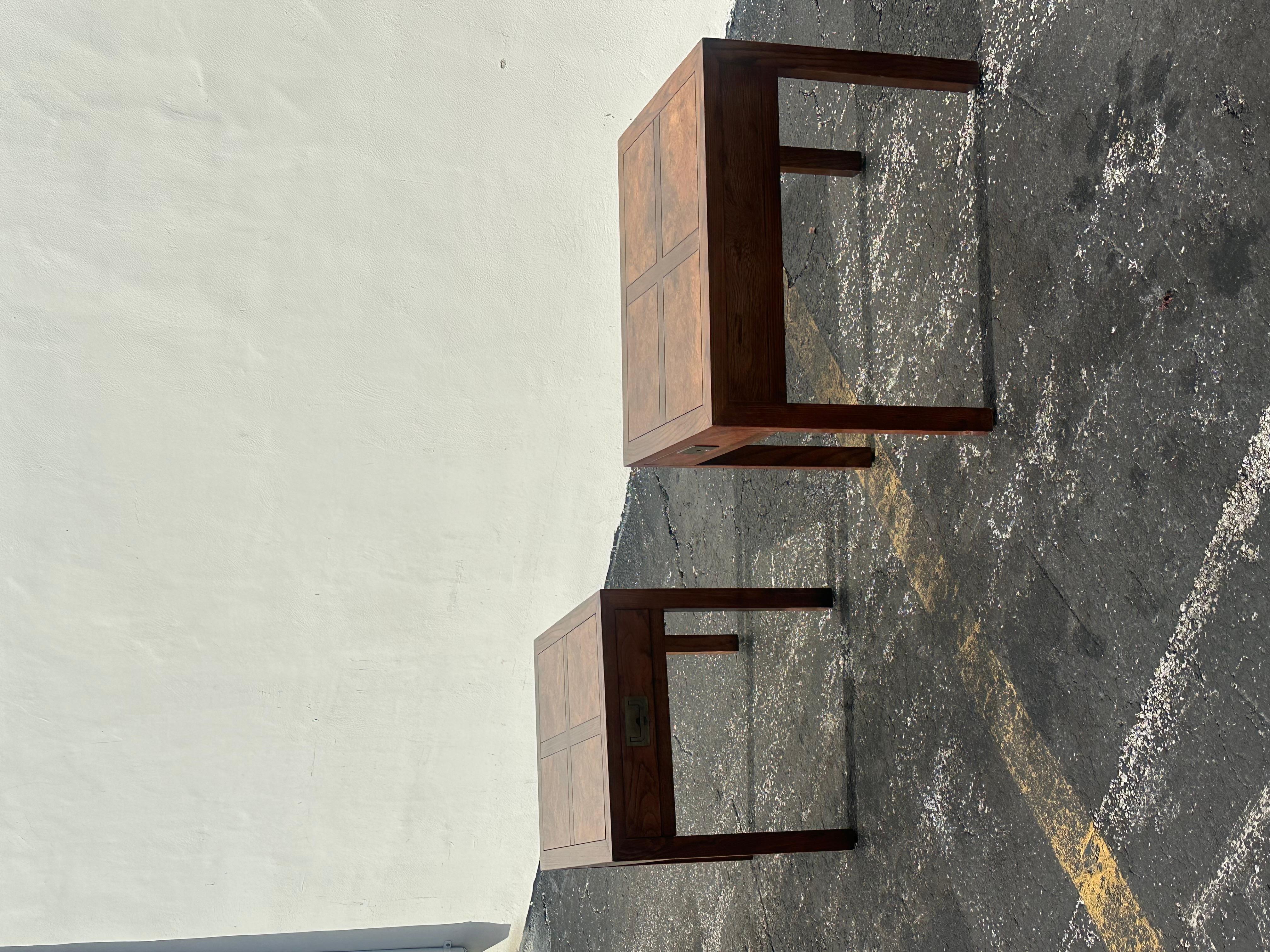 Henredon Parquetry Top Burl Walnut Campaign End Tables, Set of 2 For Sale 1