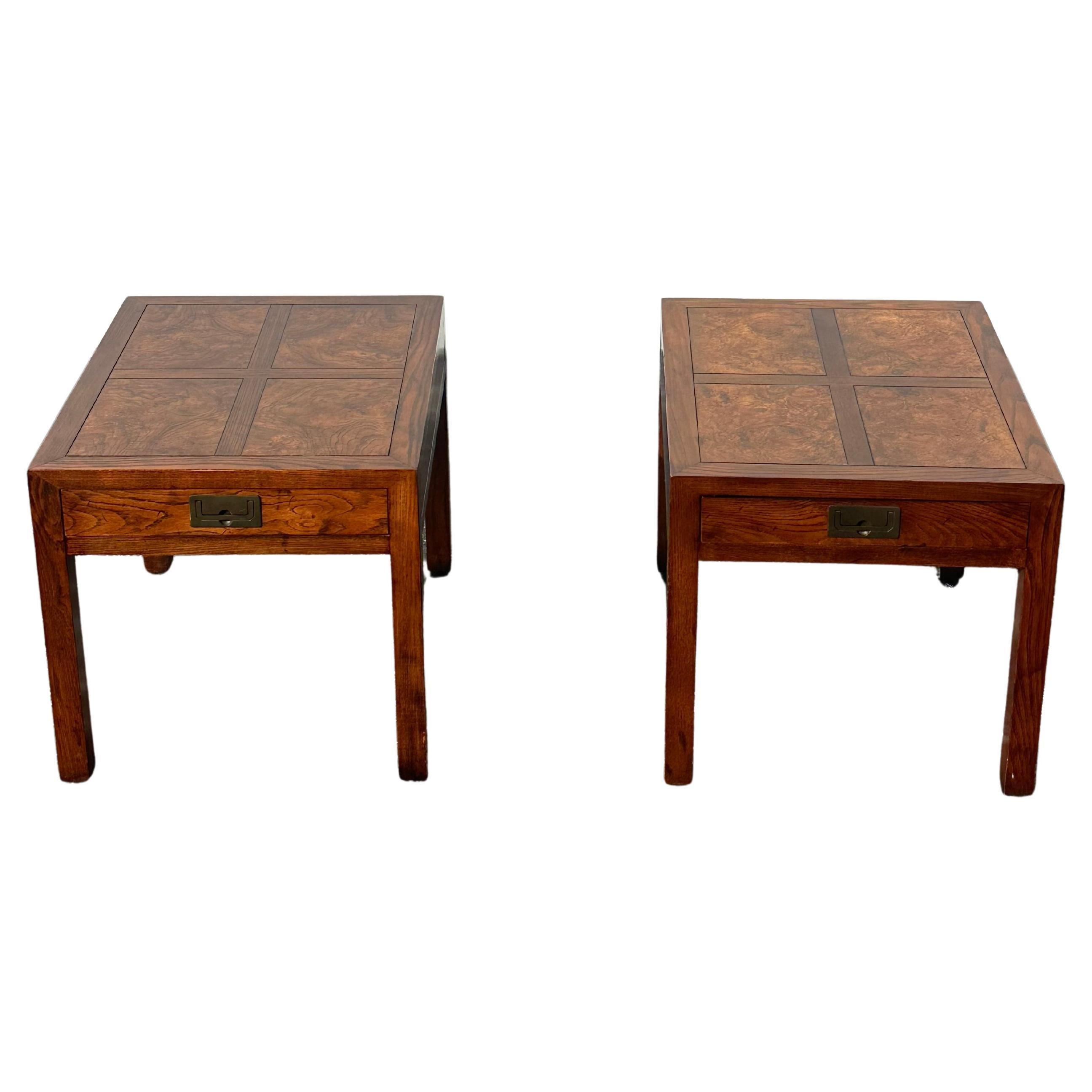Henredon Parquetry Top Burl Walnut Campaign End Tables, Set of 2 For Sale
