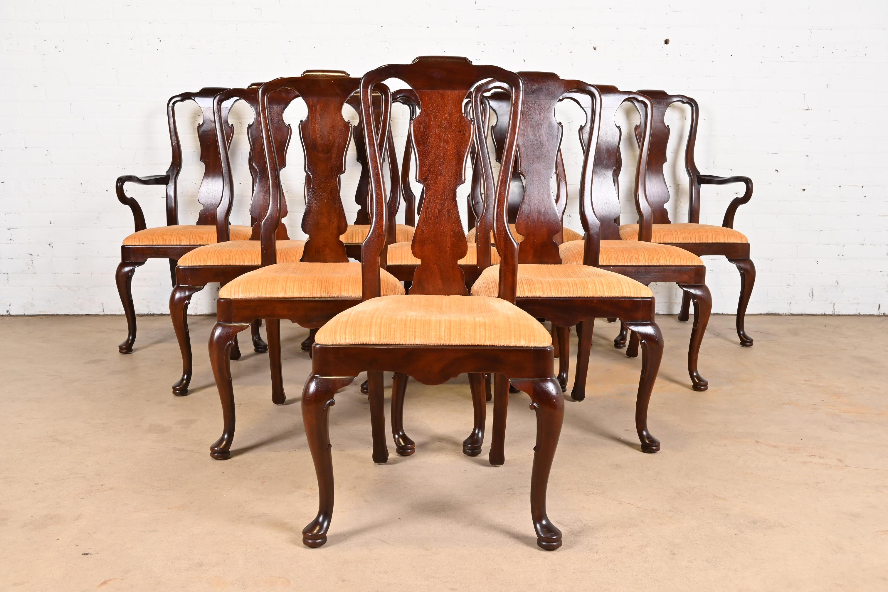 American Henredon Queen Anne Solid Mahogany Dining Chairs, Set of Ten