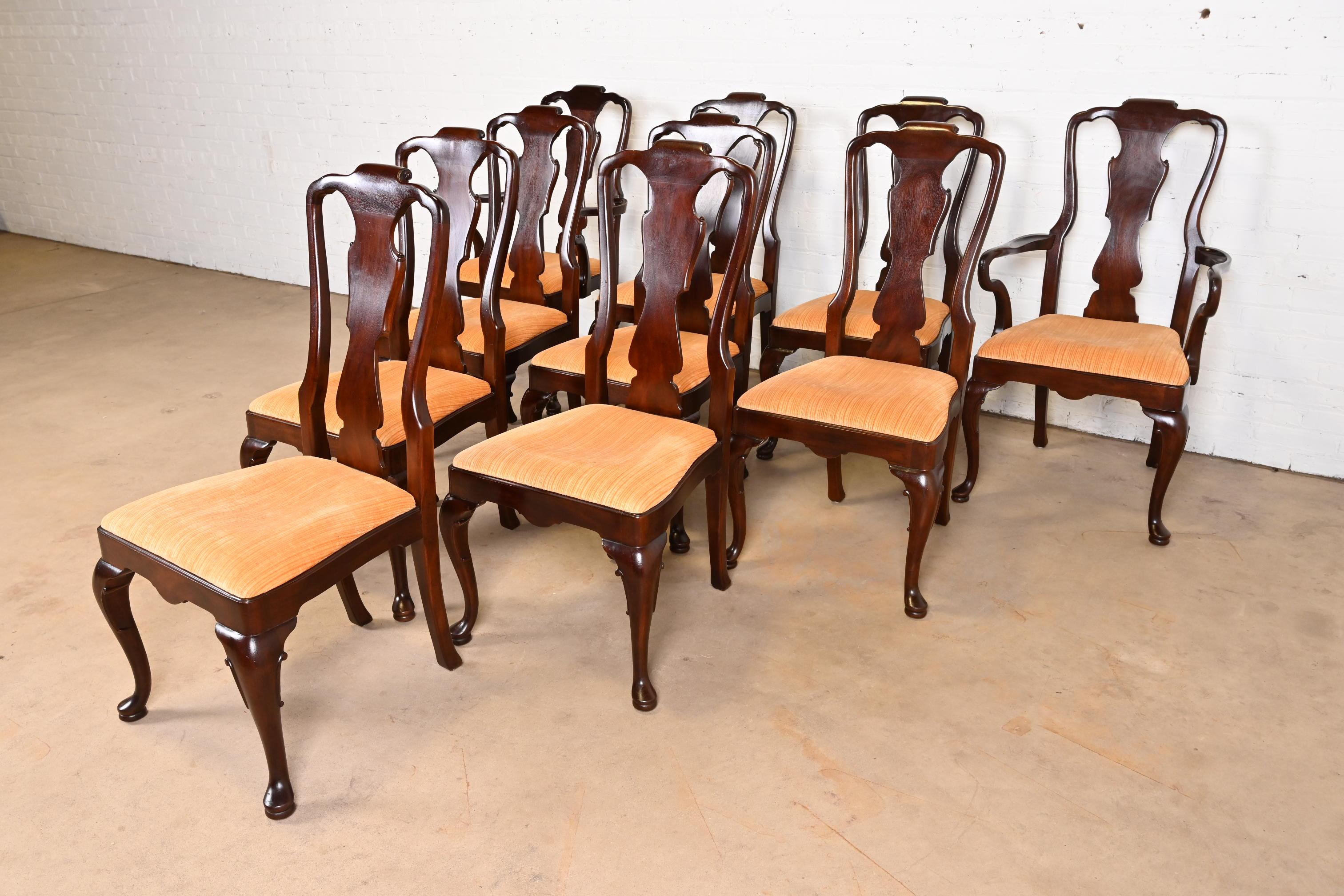 Carved Henredon Queen Anne Solid Mahogany Dining Chairs, Set of Ten