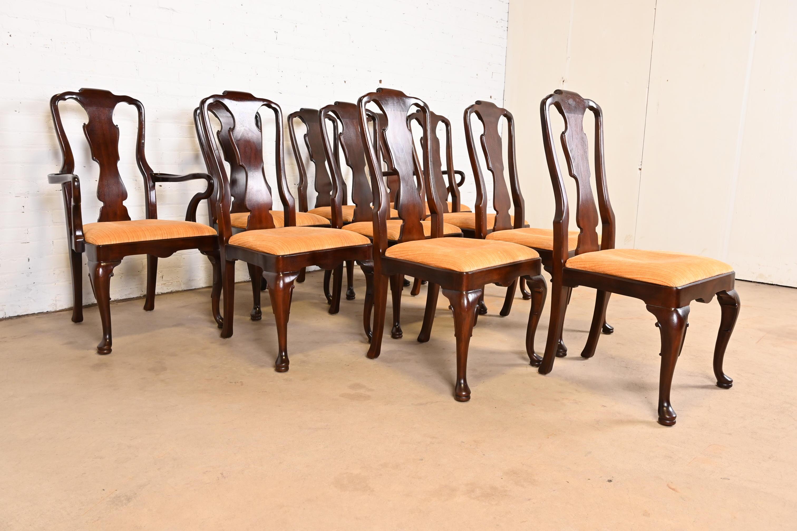 Upholstery Henredon Queen Anne Solid Mahogany Dining Chairs, Set of Ten