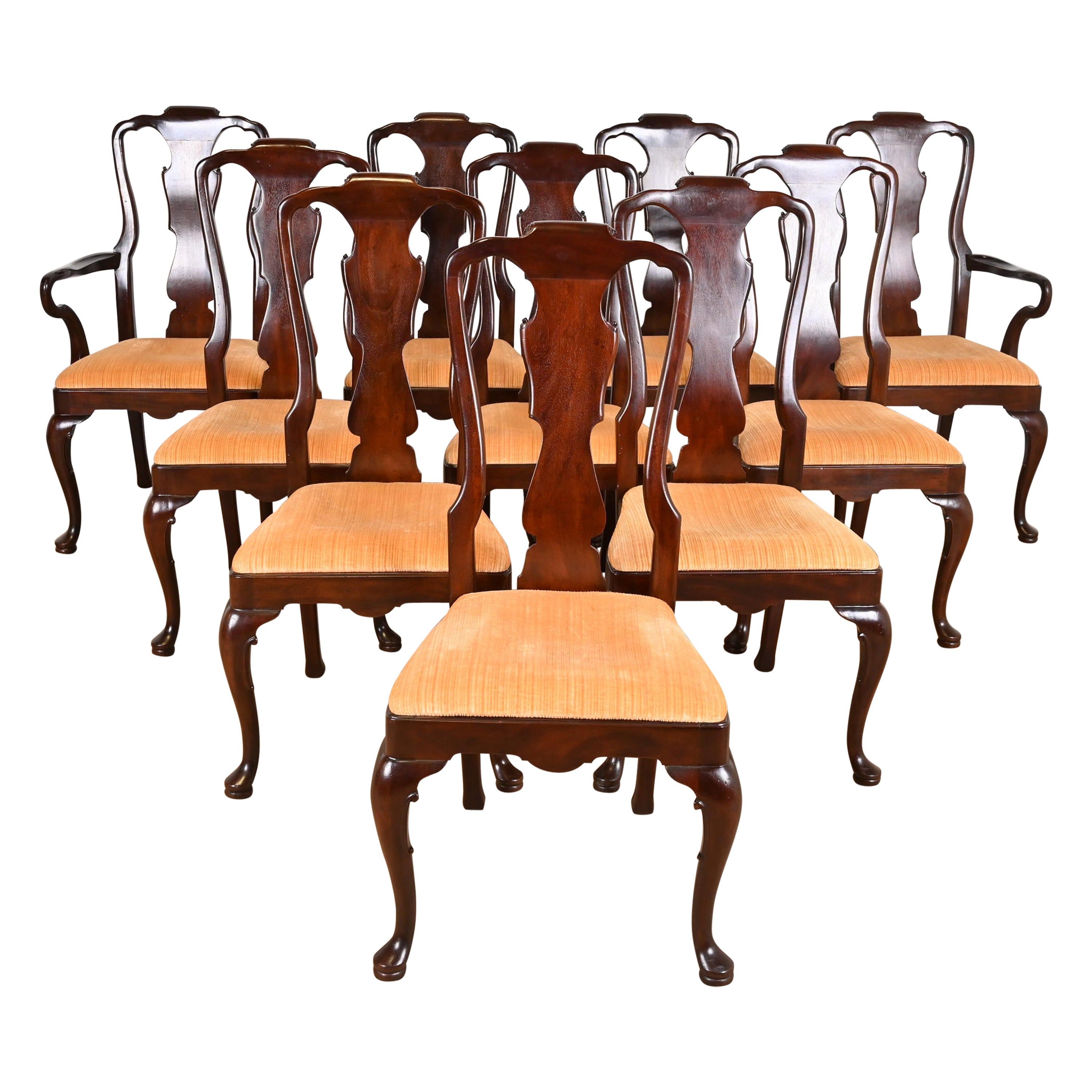 Henredon Queen Anne Solid Mahogany Dining Chairs, Set of Ten