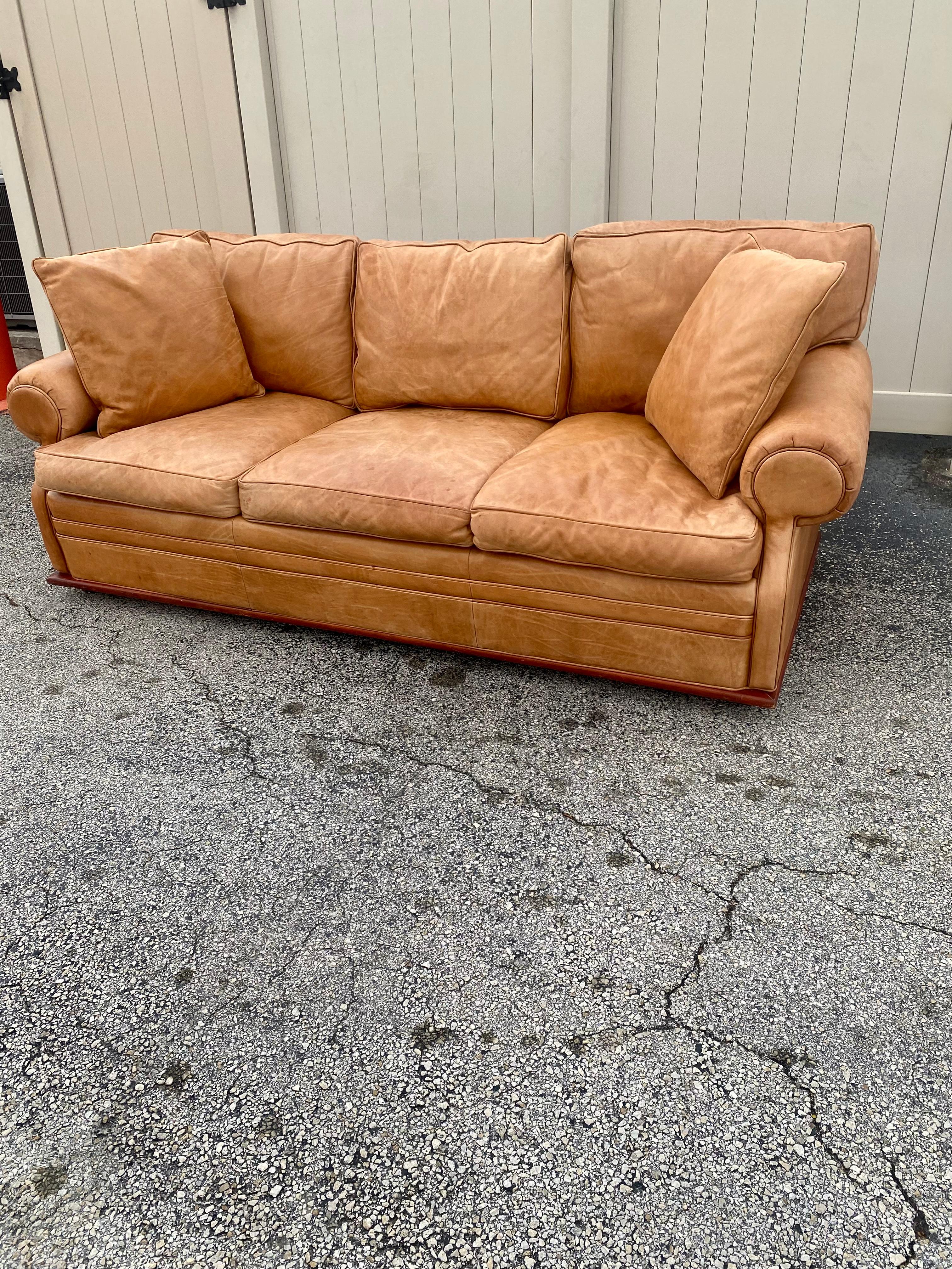 Modern Henredon Ralph Lauren Saddle Leather Sofa For Sale